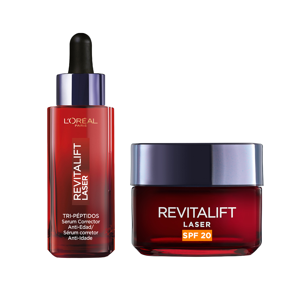 LORéal Paris | Sérum Corrector Anti-Edad Revitalift Laser TRI-PÉPTIDOS + ÁCIDO HIALURÓNICO + VITAMINA Cg 30ml + Crema de Día Anti-Edad SPF25 con Pro-Retinol, Ácido Hialurónico y Vitamina Cg, 50 ml