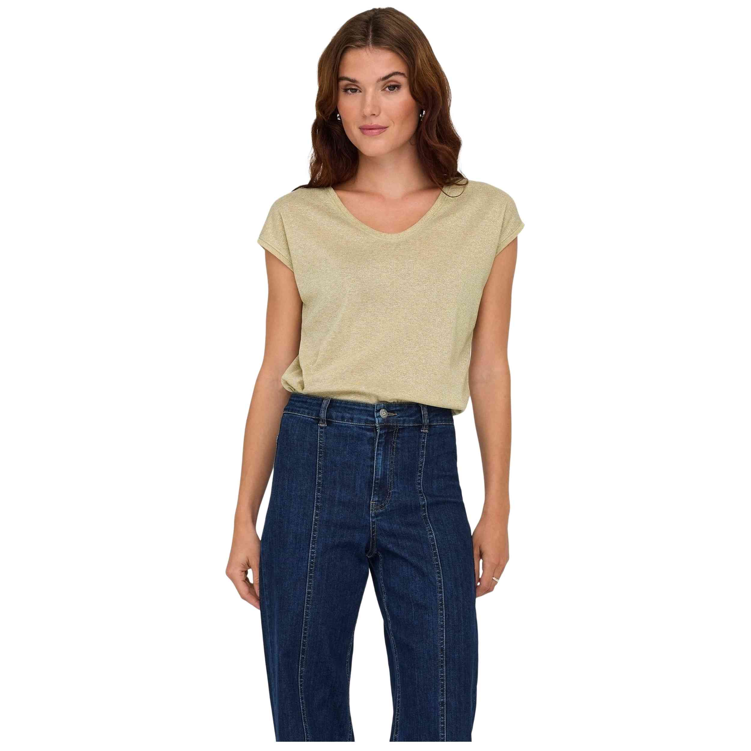 Camiseta Only modelo Onlsilvery S/S V Neck Lurex Top Jrs Noos en color Dorado