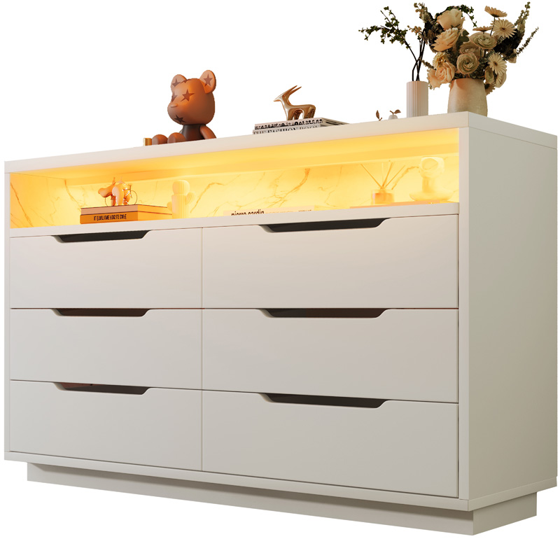 Buffet blanc moderne avec éclairage LED, six tiroirs et niche effet marbre