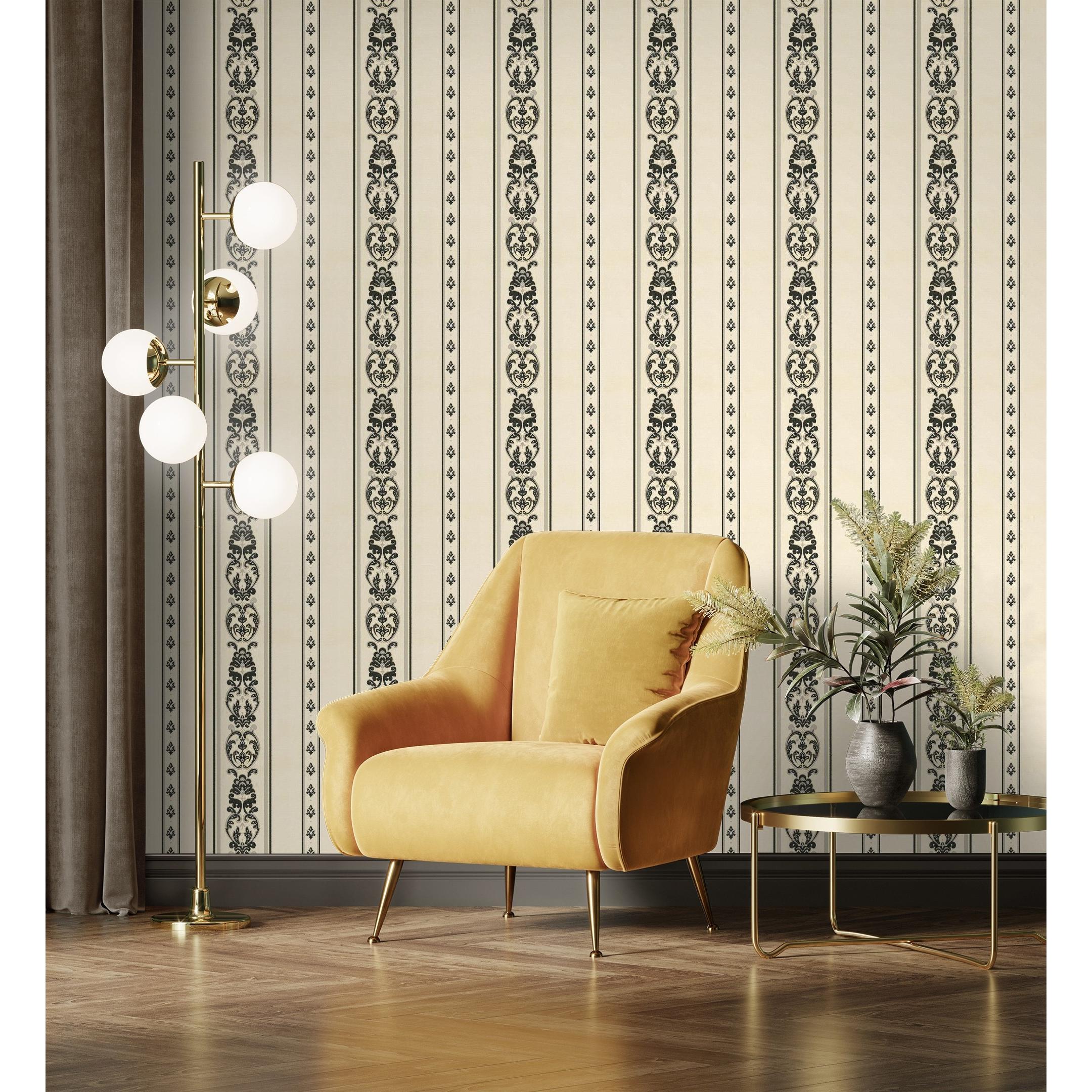 Papel pintado vinílico de rayas con cadenetas barrocas efecto textura de tela - Selim Imperial Stripe 676851 de GAULAN - Rollo de 10 m x 1,06 m