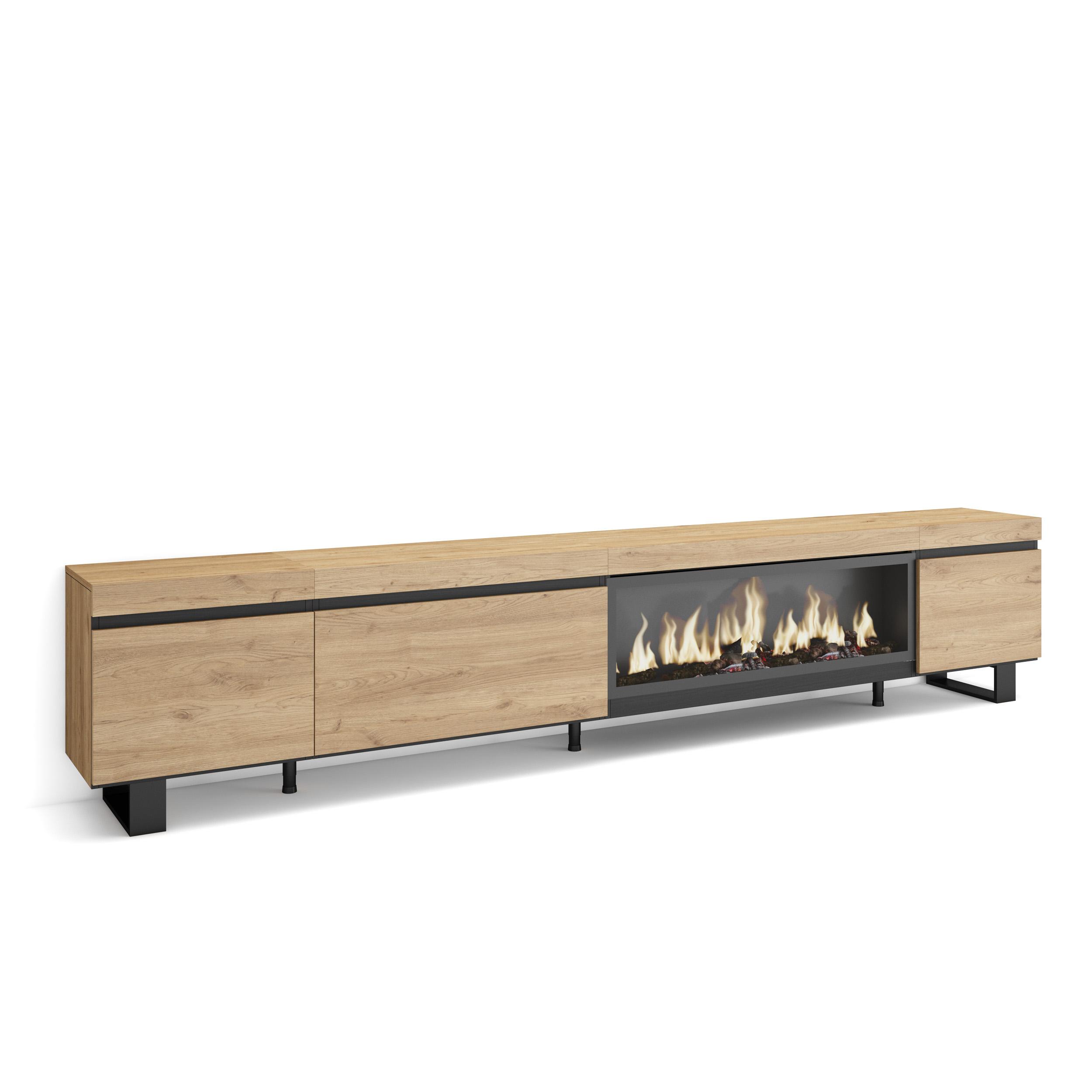 Skraut Home, Mueble TV de salón, 288x35x57cm, Chimenea eléctrica XXL led efecto fuego 3d, Diseño industrial