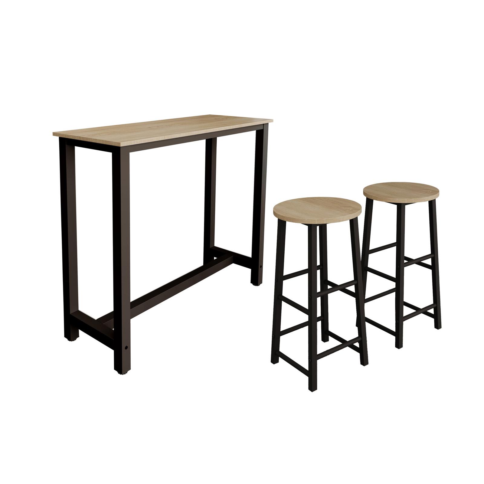 Muebles Bonitos - Conjunto mesa alta Ani y 2 taburetes de melamina efecto madera Sonoma con estructura de metal lacado negro mate para rincón de bar, 100 cm altura