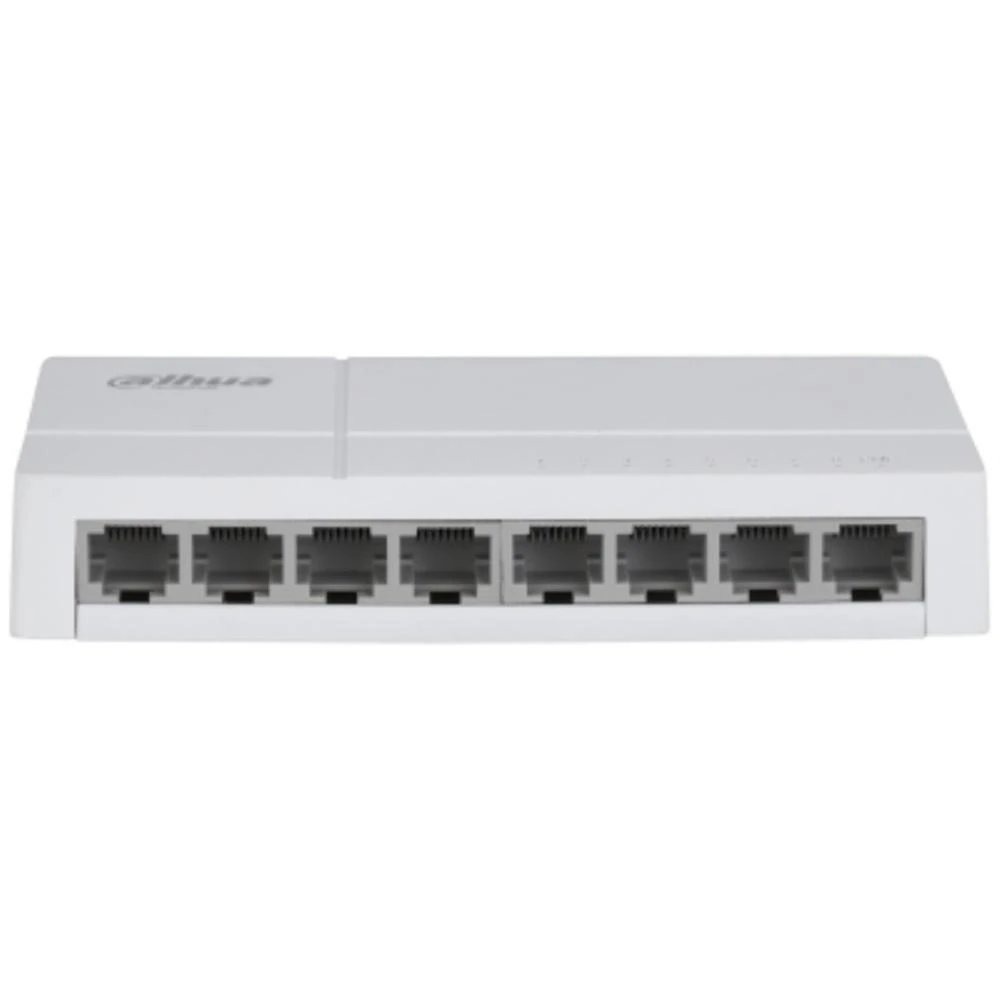 Dahua - Switch no administrado DH-SF1008 de 8 puertos Fast Ethernet (10/100) con PoE/DC y puerto uplink para vigilancia y oficinas pequeñas, gris claro
