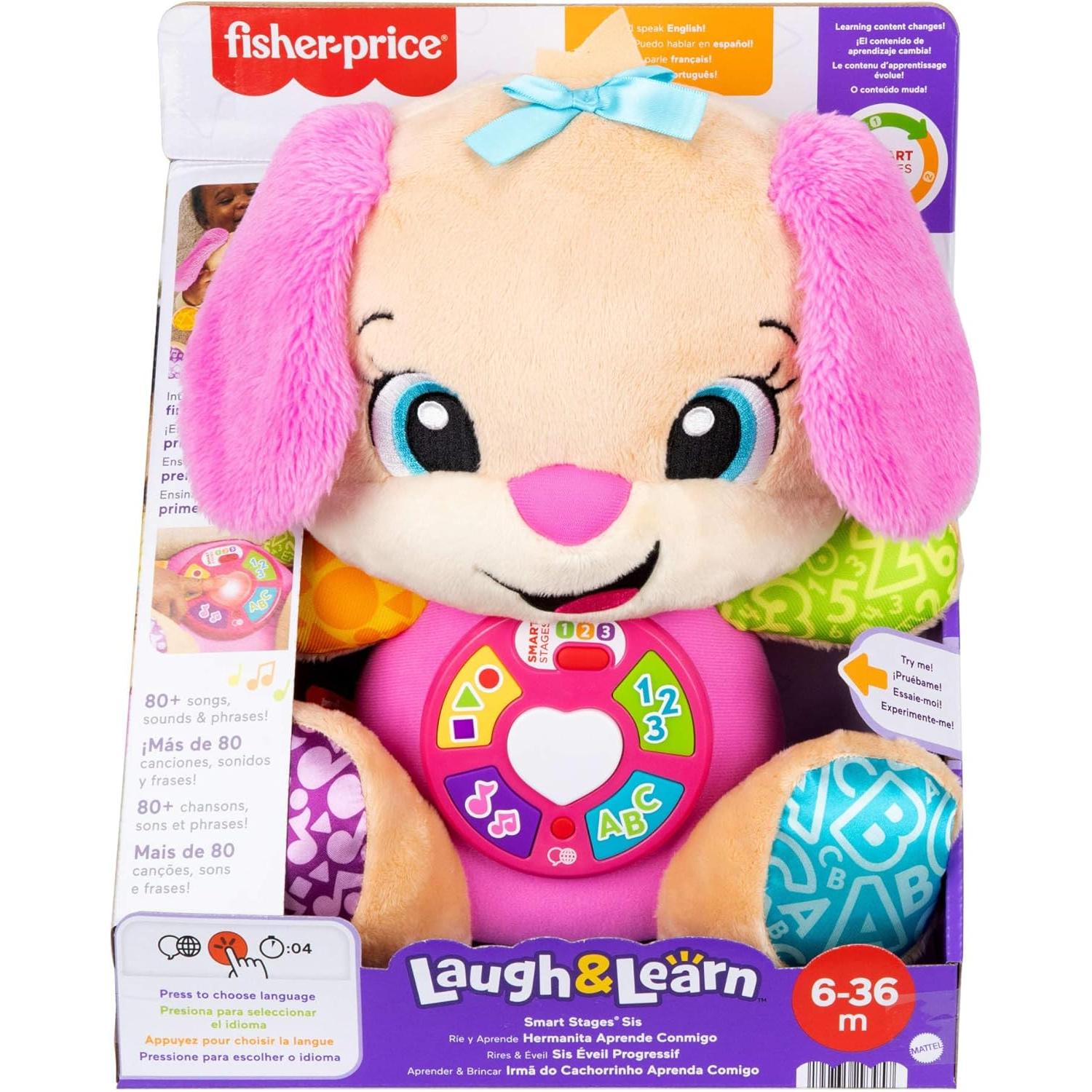Fisher-Price Laugh & Learn Perrita con Smart Stages Peluche musical de aprendizaje con Smart Stages para bebés a partir de 6 meses, versión multilingüe: Italiano, Español, Portugués, Inglés (Mattel JFD35)