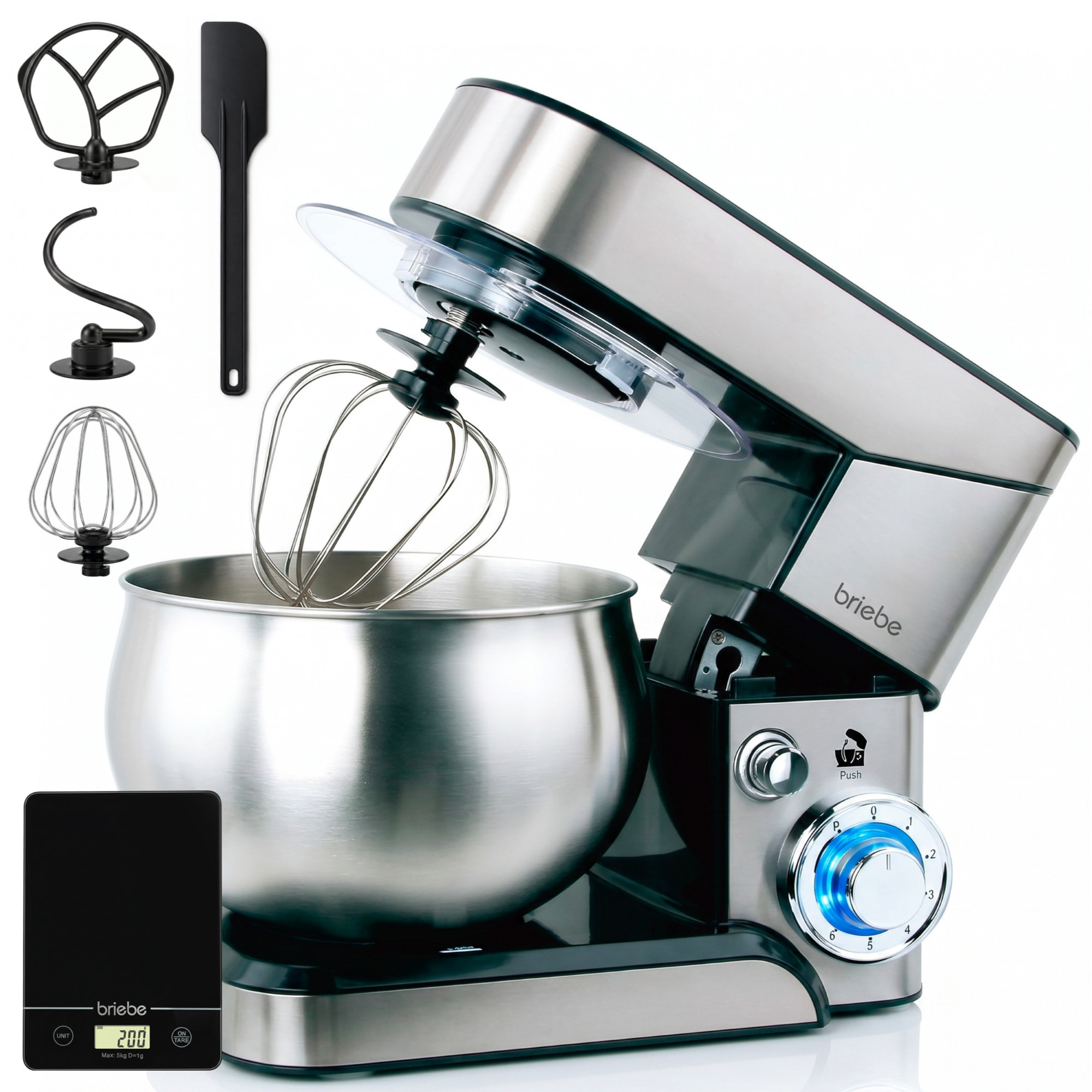 Briebe KM1114B Batidora Amasadora Repostería Profesional + Báscula, Robot Cocina 5 Litros, Movimiento Orbital, 1800W, Acero Inoxidable