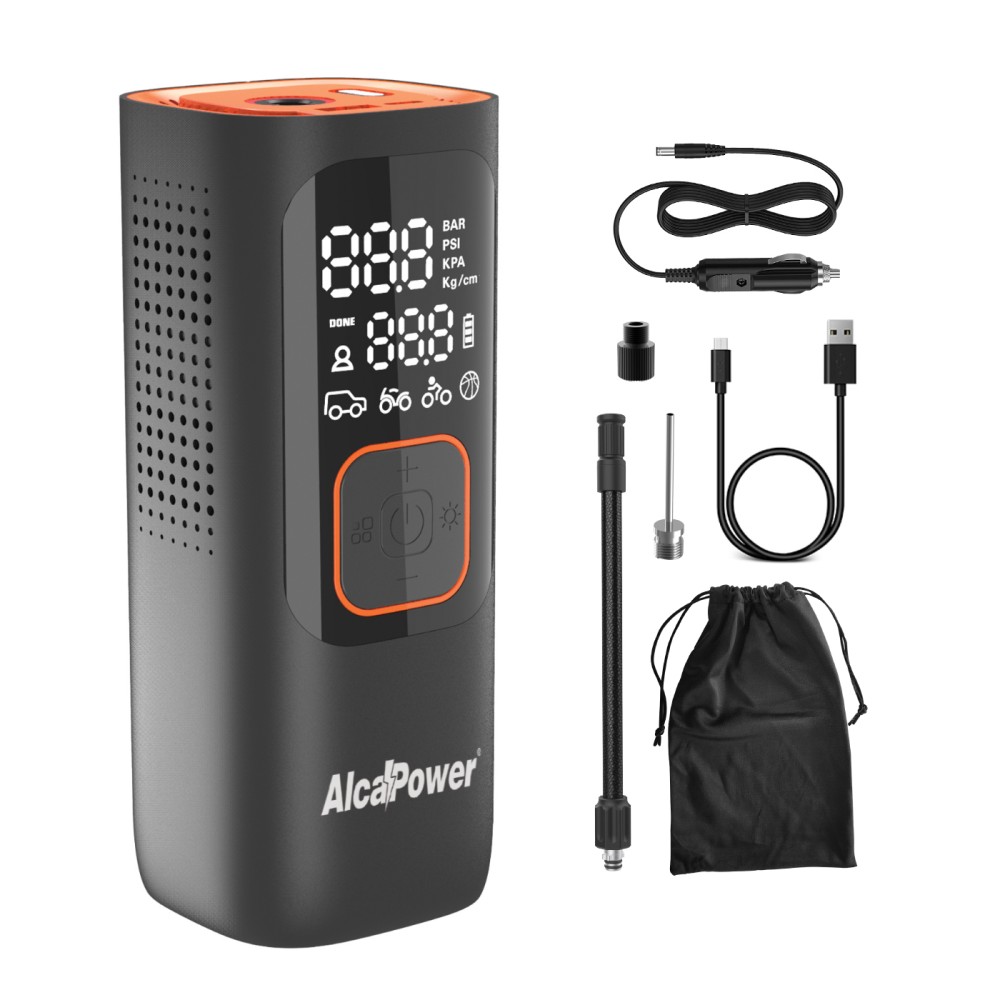 Mini compresor portátil para coche y moto, 160 PSI, 3 en 1: compresor, banco de energía y linterna - Alcapower
