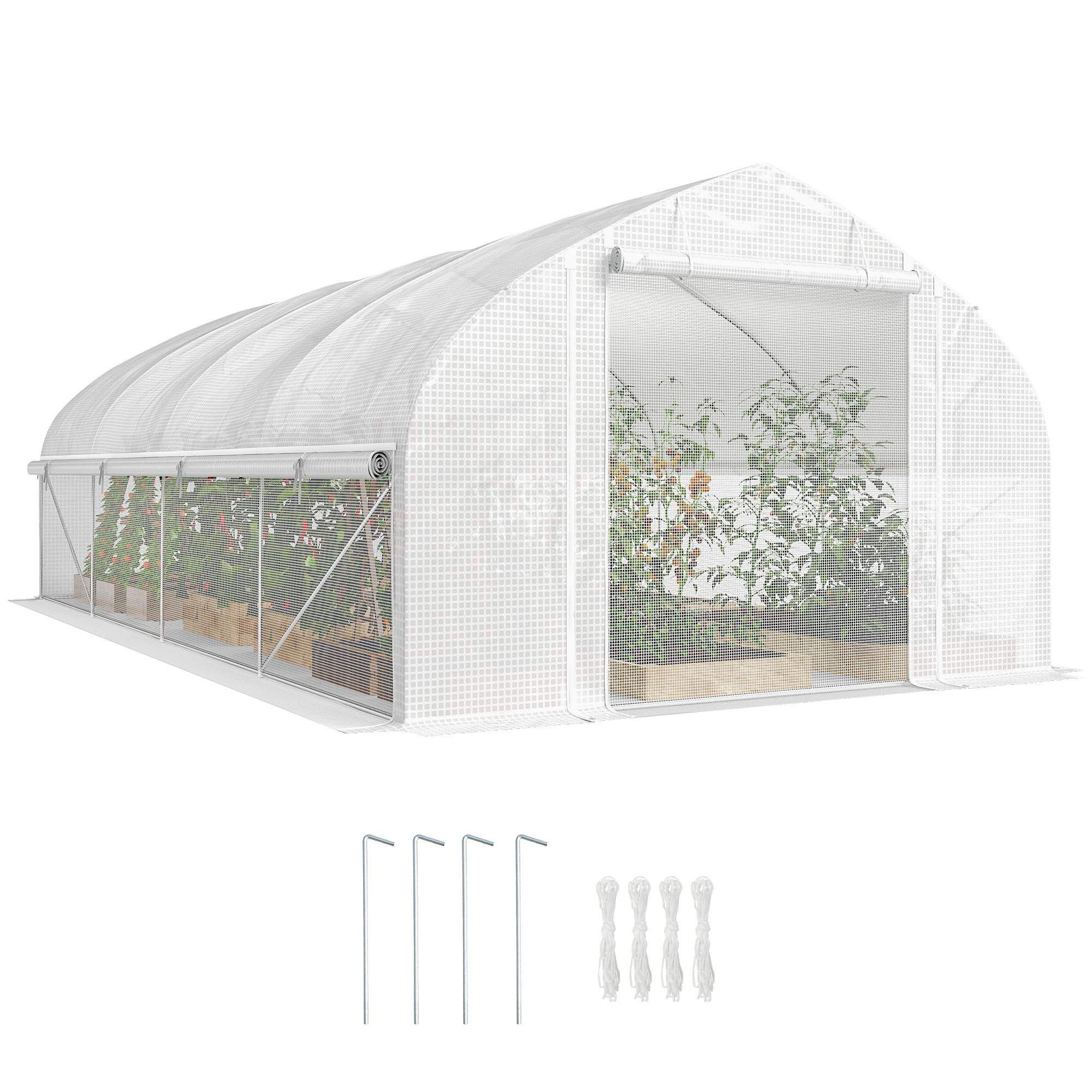 Outsunny Invernadero de Exterior, 6x3x2 m, Invernadero de Túnel con 8 Ventanas, Cubierta de PE, Anti-UV y Puerta Enrollable con Cremallera, Paredes Laterales con Malla, para Cultivos, Plantas, Blanco