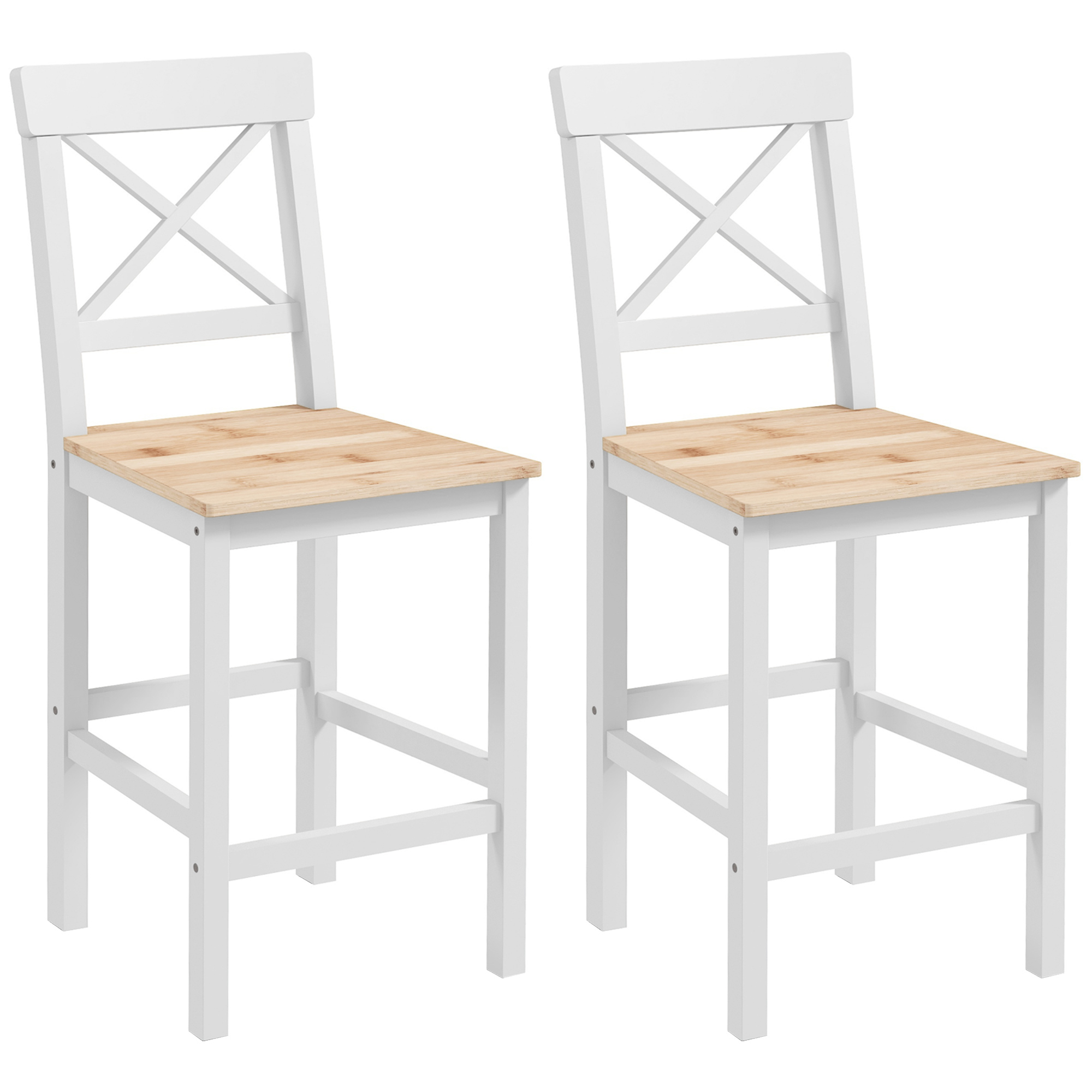 HOMCOM Juego de 2 Taburetes Altos de Cocina, Taburetes de Bar de Madera con Reposapiés y Respaldo Cruzado, Carga 120 kg, para Comedor, Mostrador, Natural y Blanco