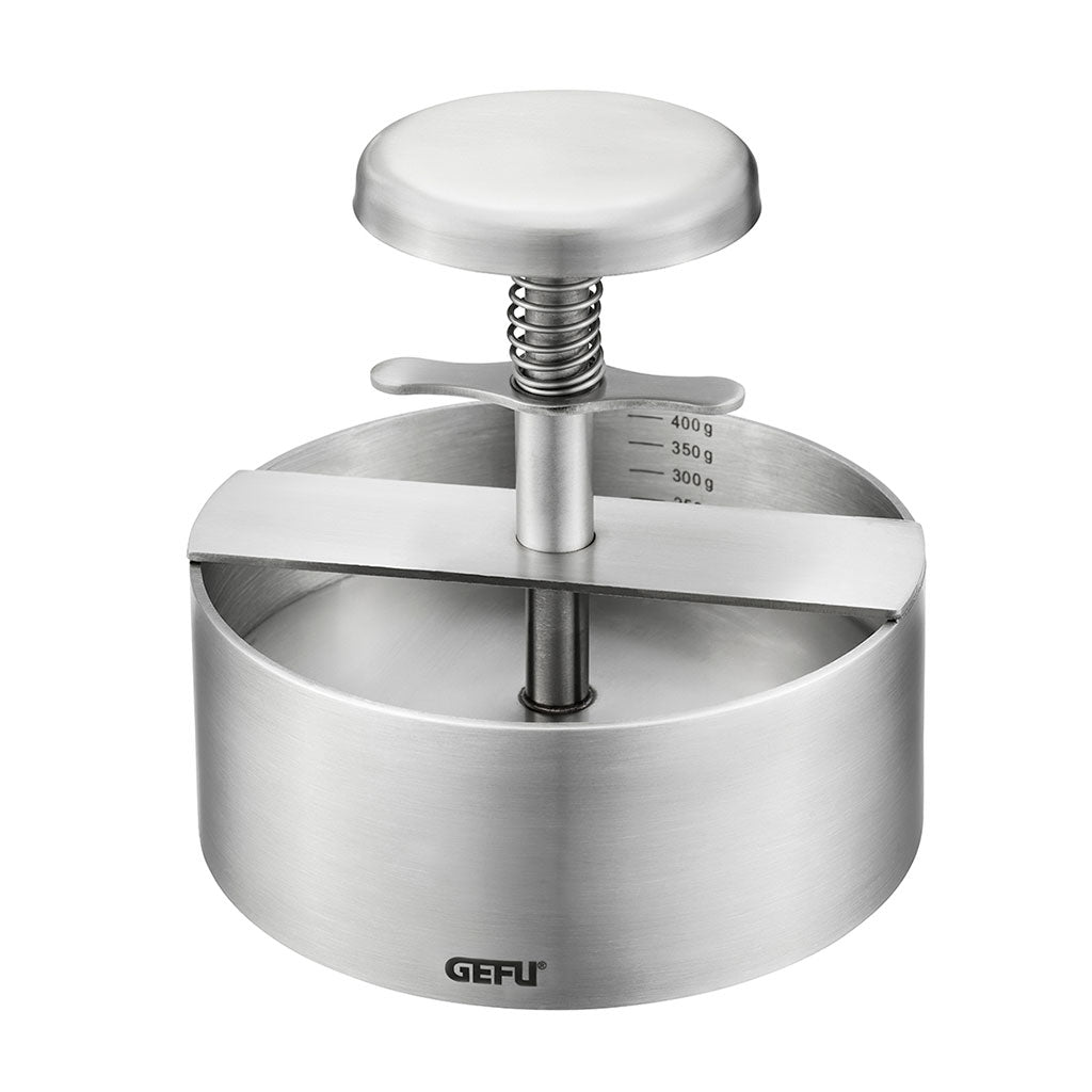 Prensa para Hamburguesas de Acero Inoxidable PATTI de Gefu – Herramienta Profesional con Medición de 100g a 400g para Cocina Doméstica o Restaurante