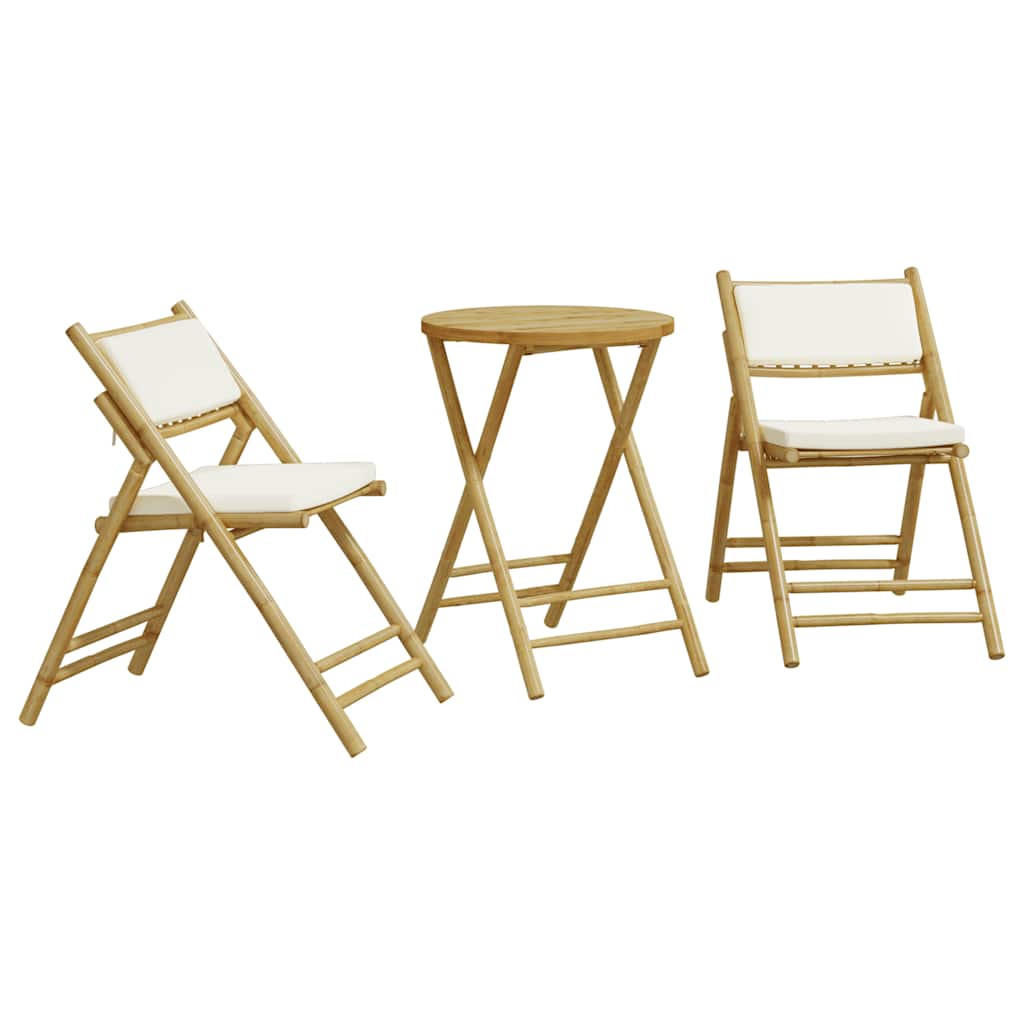 vidaXL Juego bistró plegable de bambú 3 pzas con cojines blanco crema