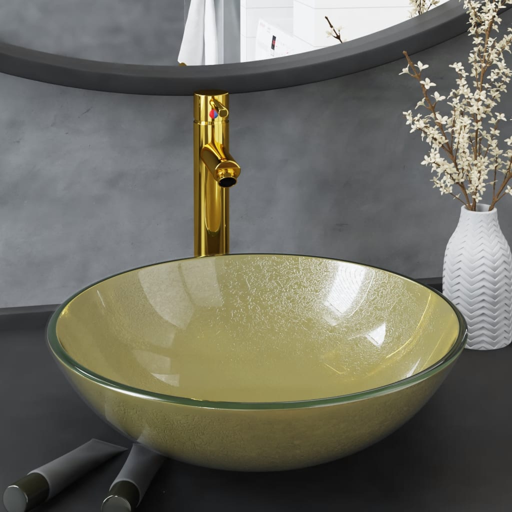 vidaXL Lavabo con Grifo y Tapón Pulsador Cristal Templado Esmerilado Tocador Color del lavabo Medio esmerilado,  Transparente,  Dorado y mas