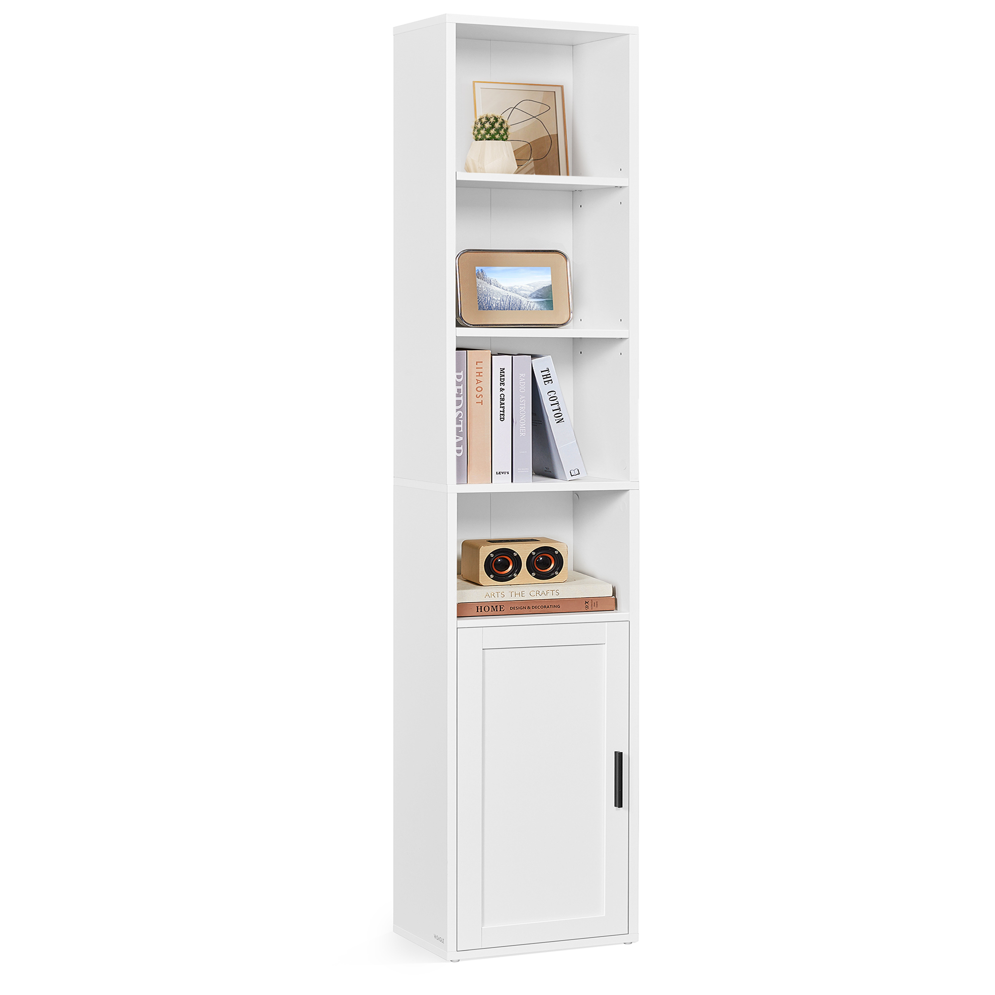 VASAGLE Librería, Estantería Vertical de 6 Niveles, con Puerta, 24 x 31,8 x 175 cm, para Salón, Estudio, Oficina, Comedor, Blanco Nube/Marrón Rústico