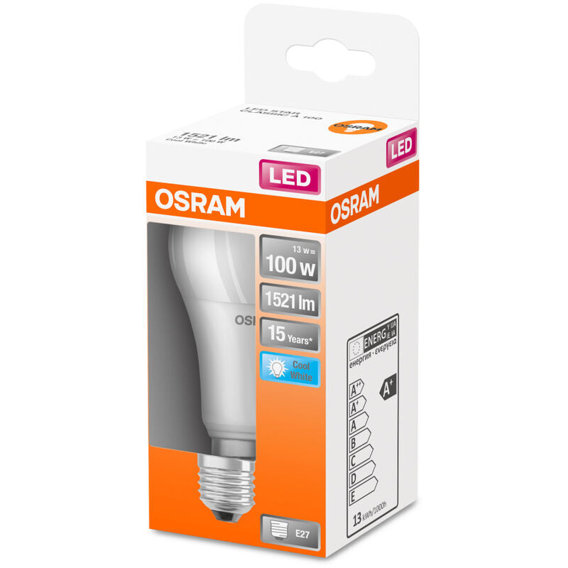 LEDVANCE - Bombilla LED A60 CLASSIC 13W 840 E-27 opal de alta eficiencia, 1521 lm y 10.000 horas de duración, ideal para lámparas de techo, mesita de noche y salón