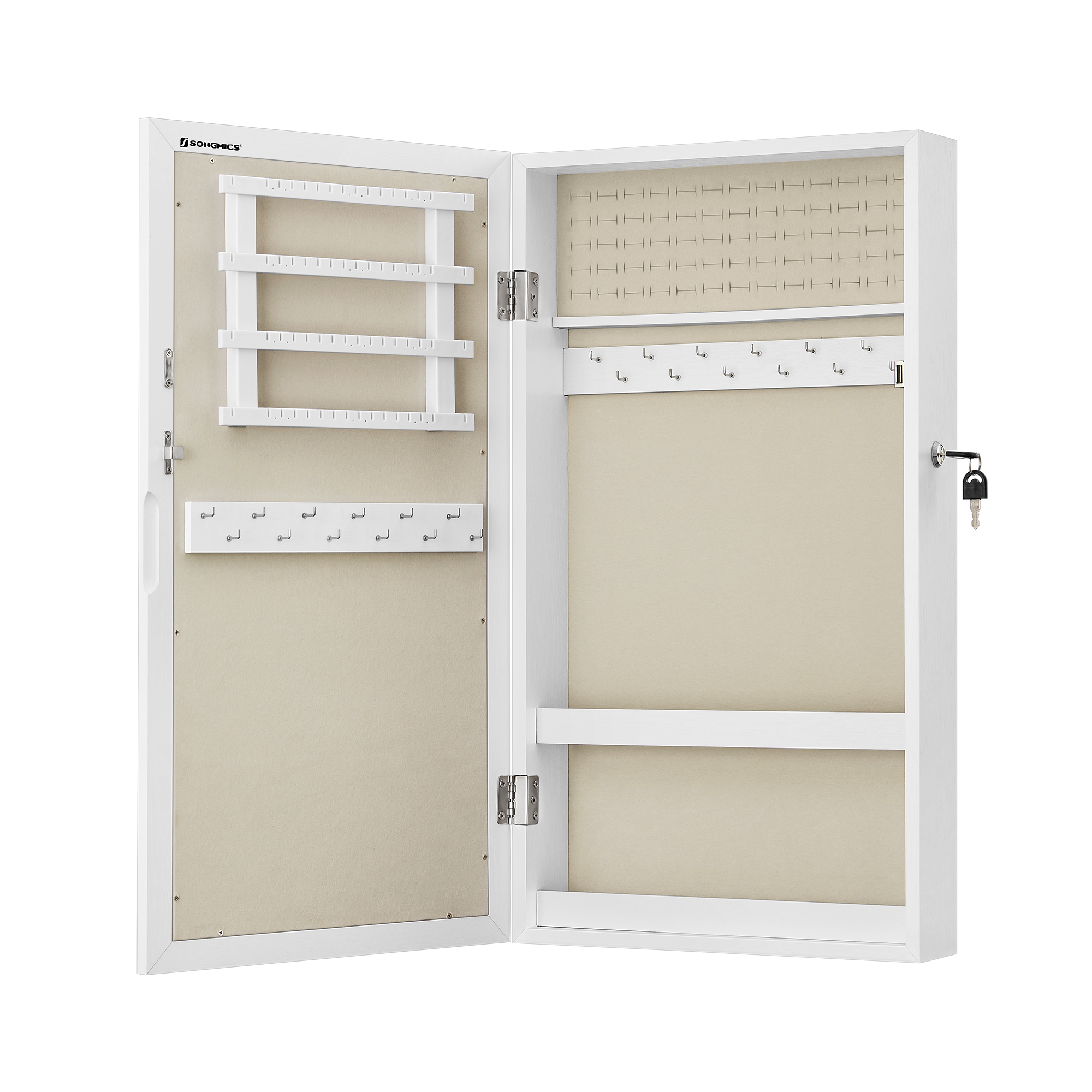 SONGMICS Armario Joyero de Pared, Armario de Joyas con Espejo, Organizador de Joyas para Ahorrar Espacio, Superficie Blanca y Forro Greige/Negro/Superficie Marrón Rústico y Forro Negro, Regalo de Navidad