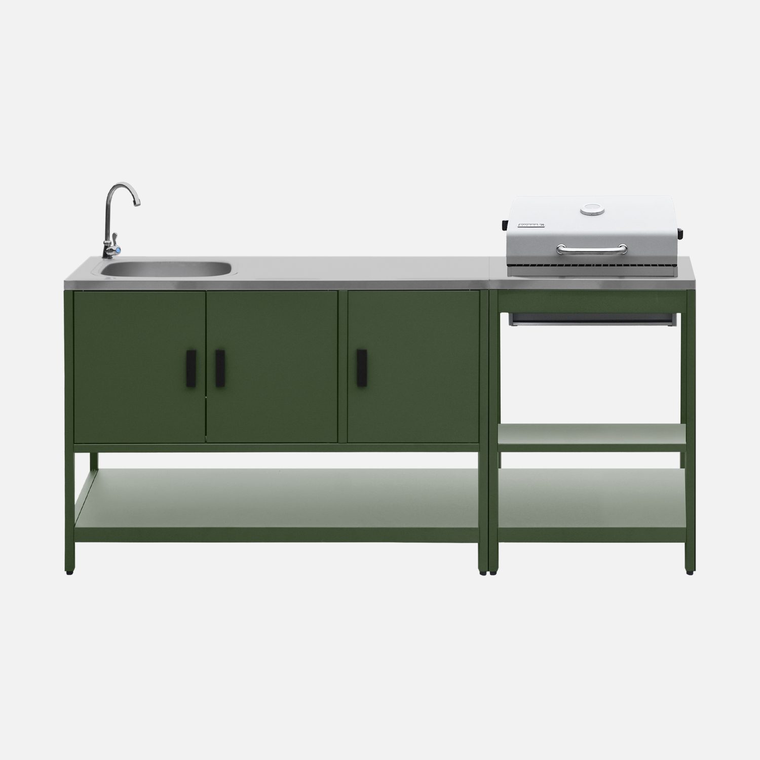 sweeek - Cocina exterior 2 módulos acero inoxidable barbacoa de carbón con fregadero Verde - 60x58.5x138 cm