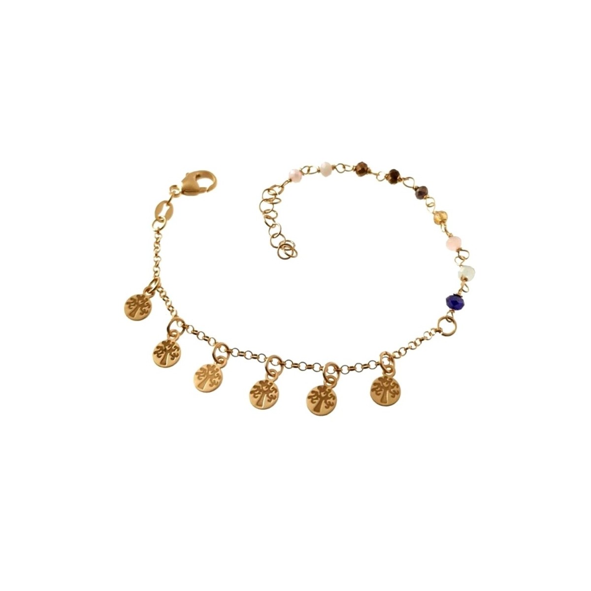 Pulsera plata Ley 925m chapada oro 17.5cm. piedras colores discos árboles de la vida colgando