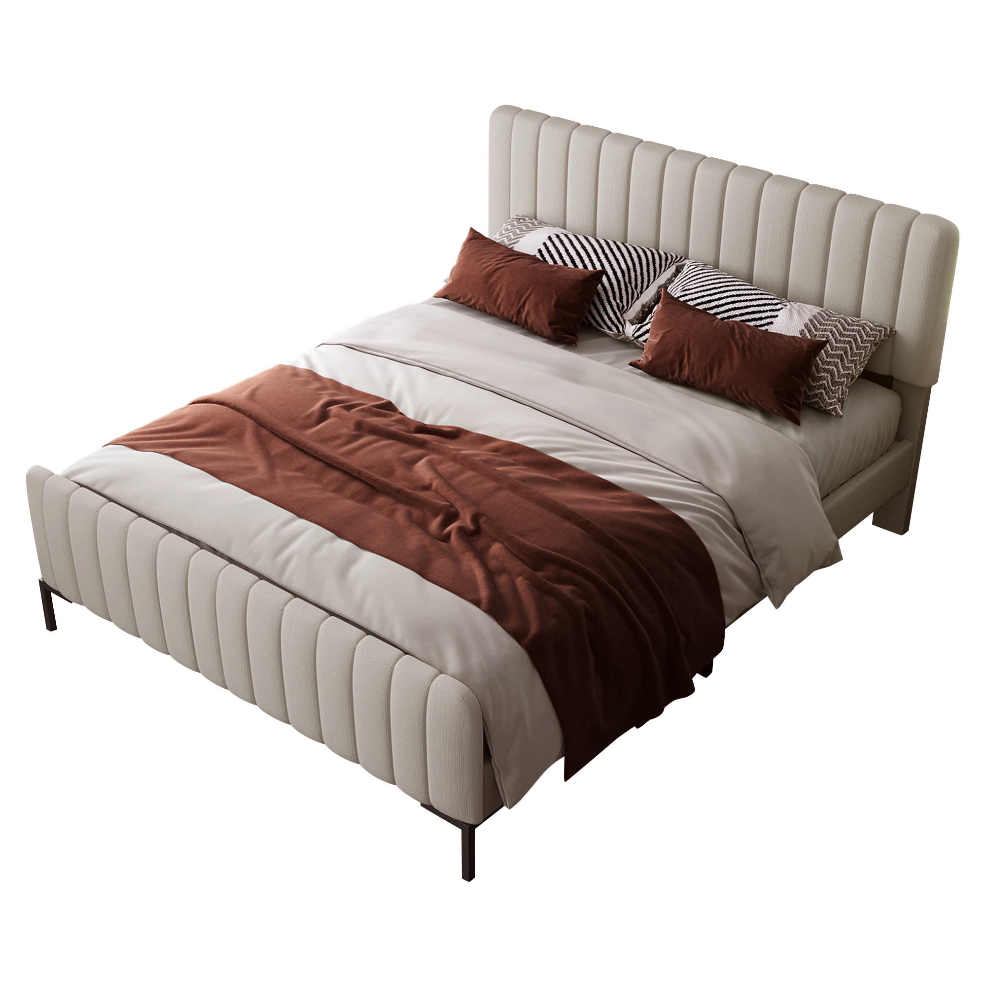 Lit double rembourré gris beige 160 x 200 cm en tissu lin avec tête de lit réglable et sommier à lattes
