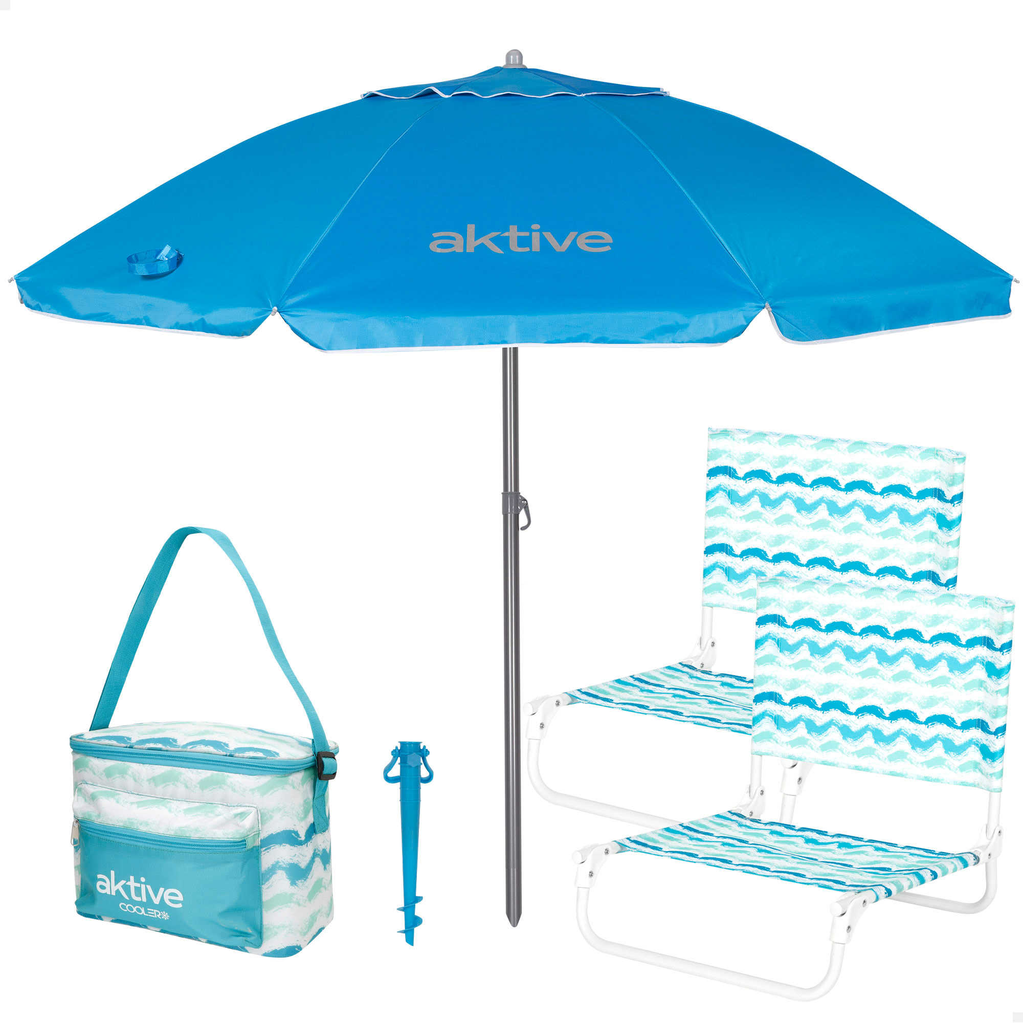 Aktive - Pack 2 sillas playa bajas ondas 45x50x50 cm, sombrilla 200 cm con base, nevera blanda 15 L, cómodo y práctico, packs de playa