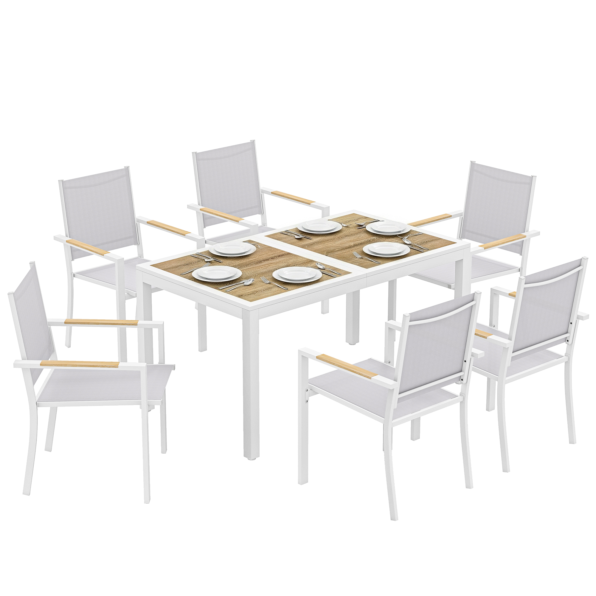 Outsunny Conjunto de Mesa y Sillas Jardín de 7 Piezas, Muebles Jardín Exterior con Mesa de Plástico PSPC, 6 Sillas Apilables Transpirables, Marco de Acero Resistente a la Intemperie