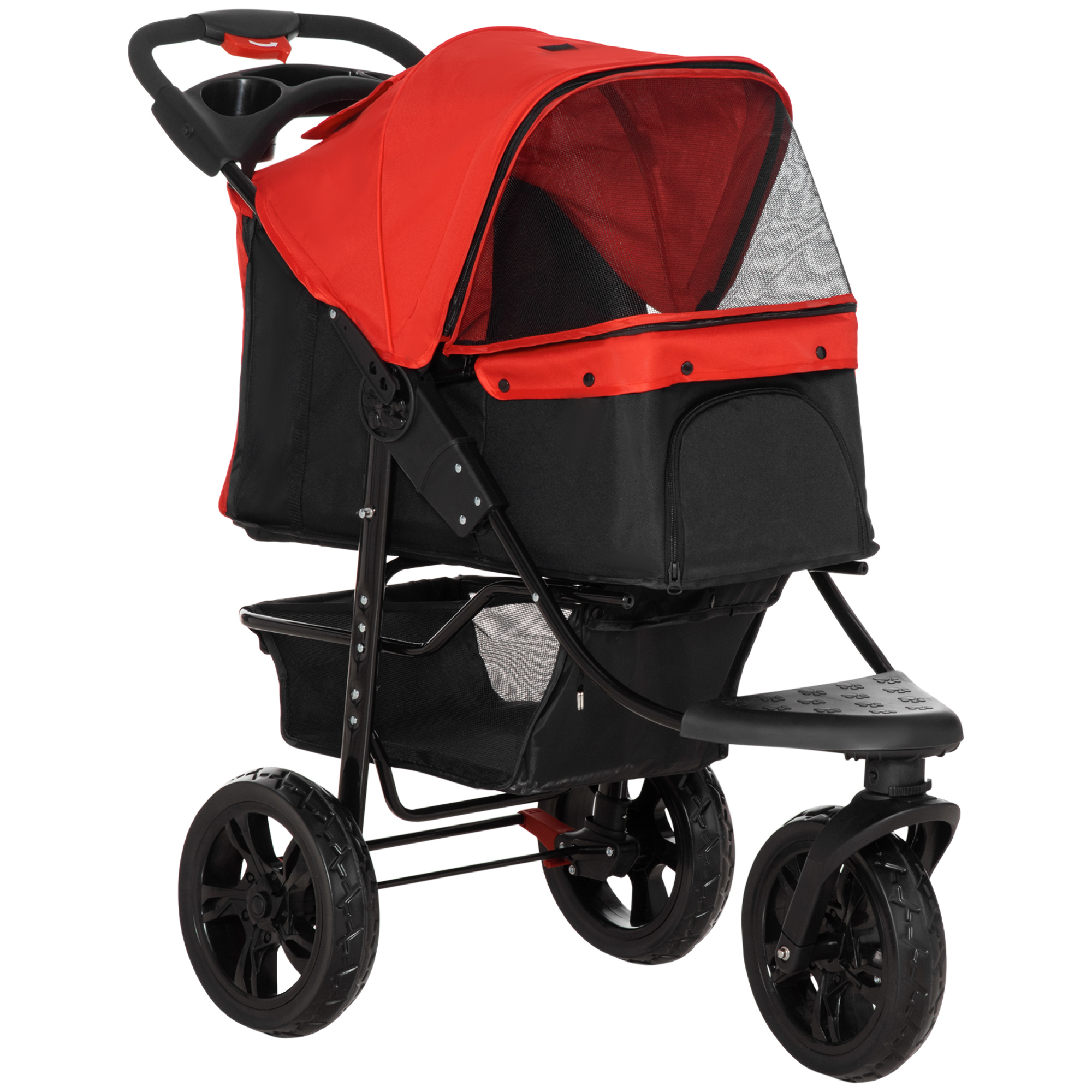 PawHut Cochecito para Mascotas Plegable Carritos para Perros con 3 Ruedas Puerta Ventanas de Malla Cesta de Almacenaje y Correas de Seguridad Marco Acero 109,5x57,5x106,5 cm