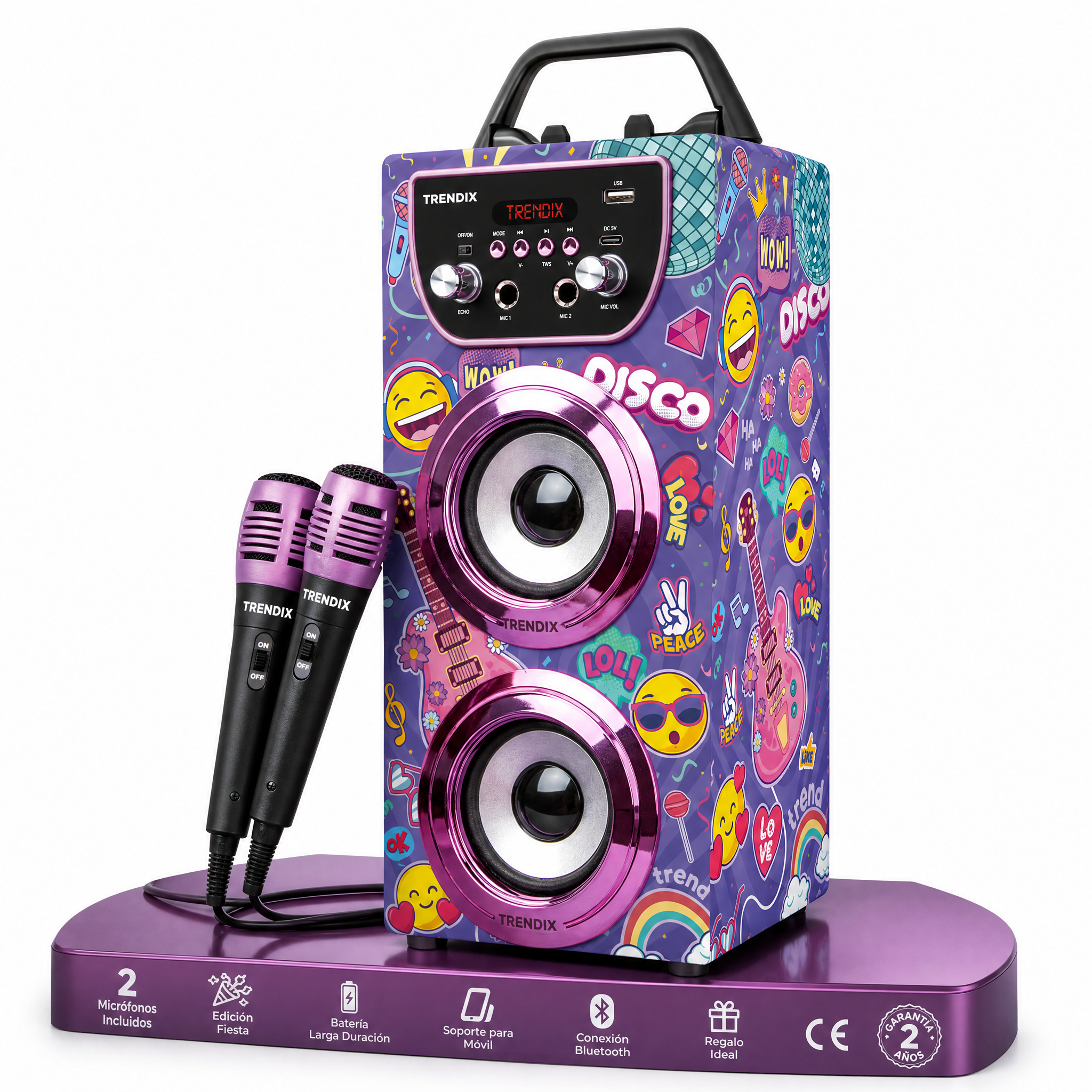 Trendix - Karaoke Infantil Top Singer | Altavoz Karaoke | Altavoz con Microfono | Karaoke 2 Microfonos Radio FM, USB, Bluetooth Y SD | Karaoke Niña y Karaoke Niños | Regalos Comunion Niña