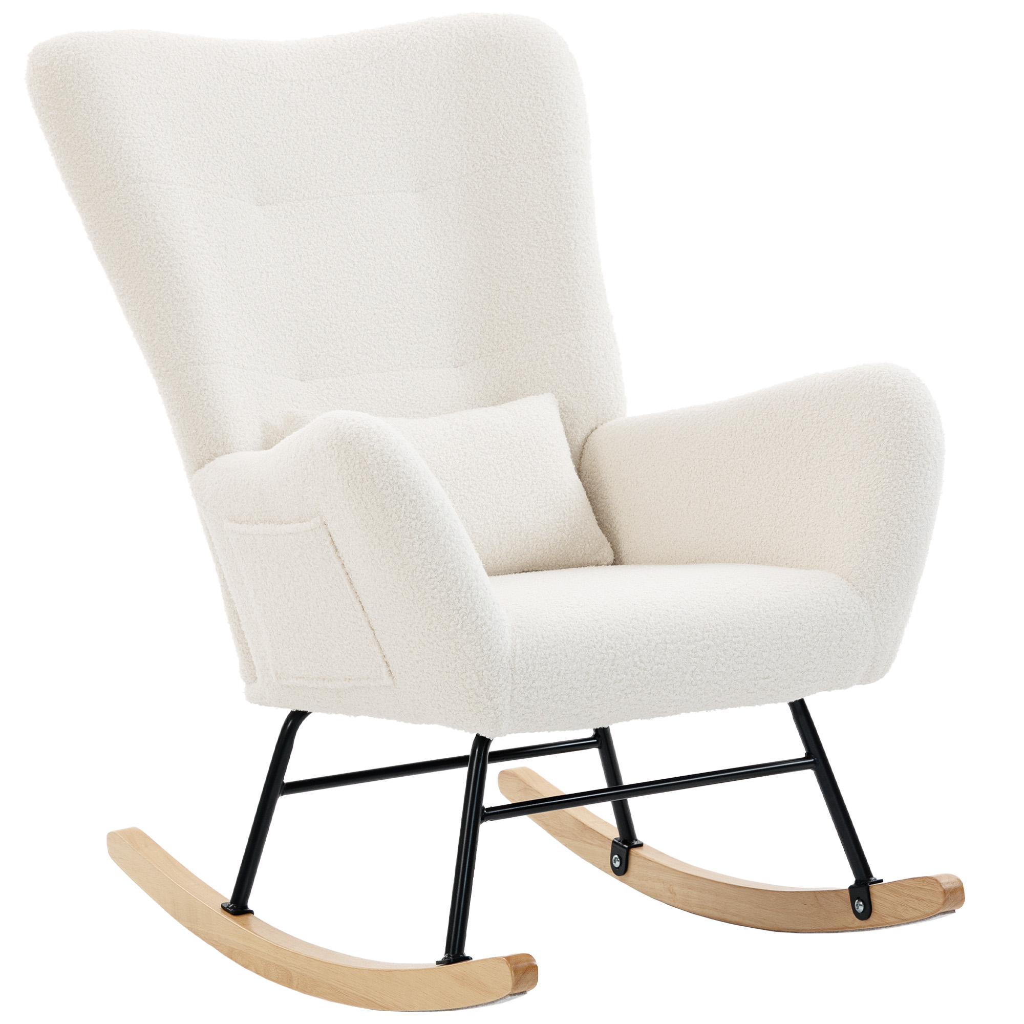HOMCOM Silla Mecedora Moderna, Mecedora Tapizada en Terciopelo de Teddy, Sillón de Lactancia con Respaldo Acolchado Alto, Almohada, Patas de Madera, Bolsillo Lateral, para Dormitorio, Salón, Crema
