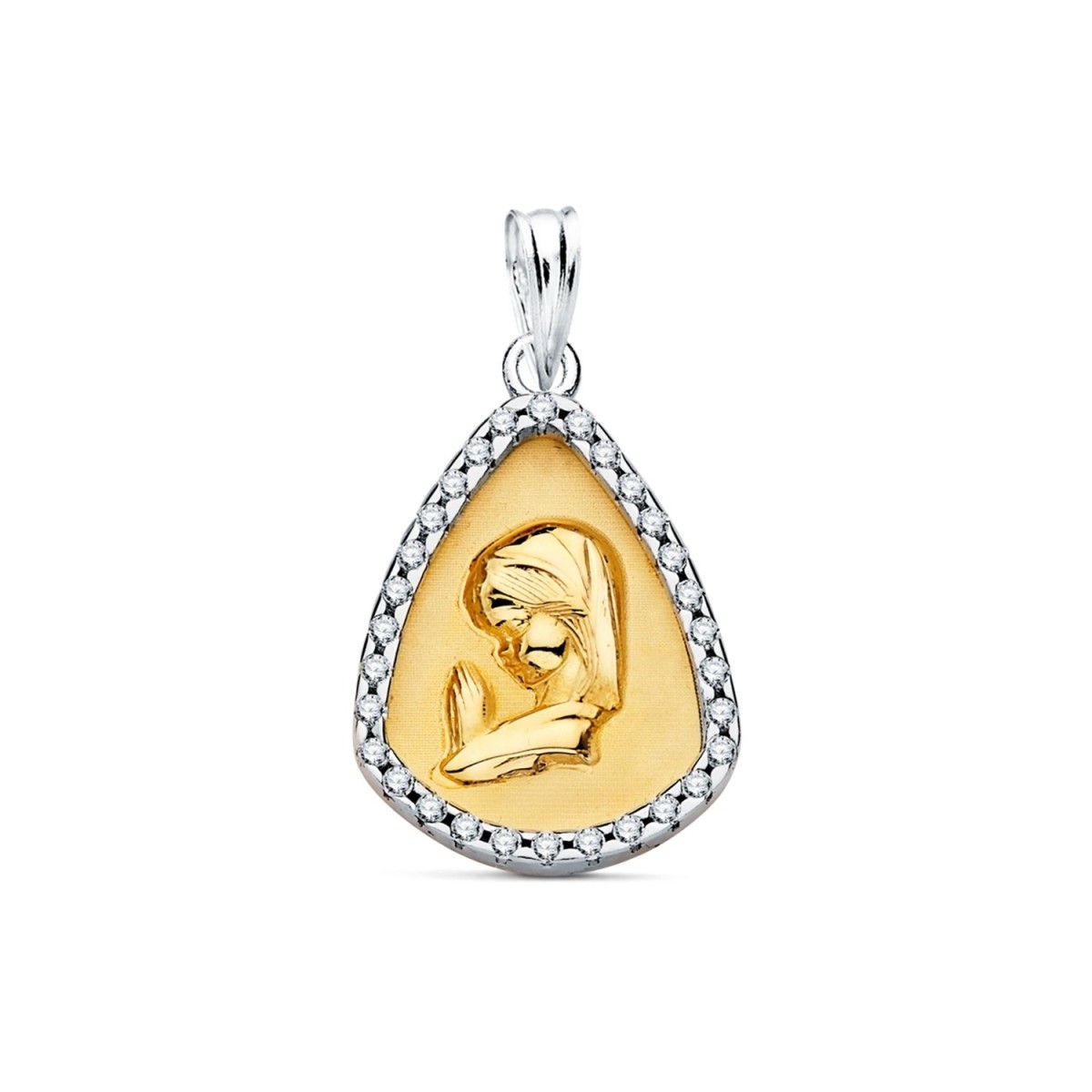 Medalla oro bicolor 18k Virgen Niña 18mm. forma lágrima cerco circonitas fondo liso
