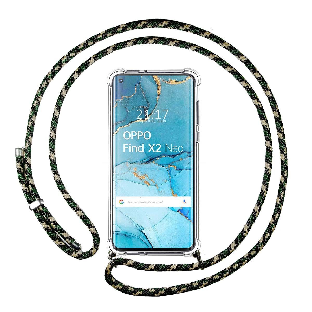 Tumundosmartphone Funda Colgante Transparente para Oppo Find X2 Neo con Cordon Verde / Dorado