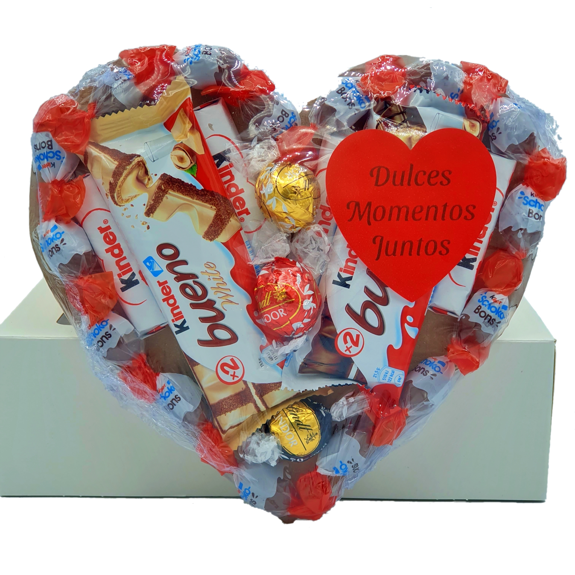 Corazon de Chocolate con Kinder Bueno, Kinder Shochobons, Kinder Chocolate y Bombones Lindt. Regalo Ideal para Parejas. [IAMI]