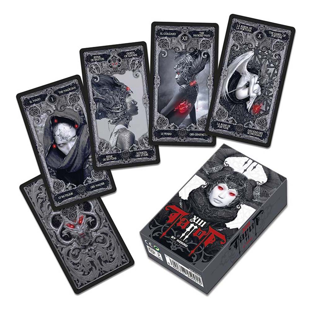 Fournier Tarot XIII Trece Ilustraciones de Nekro Fotocomposiciones en grises y rojo 78 cartas Instrucciones en inglés, español, francés, alemán e italiano Adultos Juego mesa Jugar Esotérico Esoterismo Aprender Cartas fáciles Fácil Tirada Adivinatorio