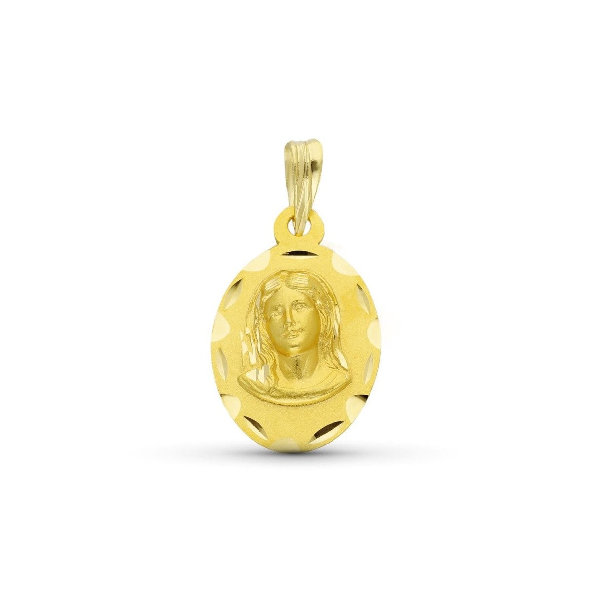 Virgen Niña medalla oro 18k Primera Comunión 19 mm. ovalada detalles tallados borde