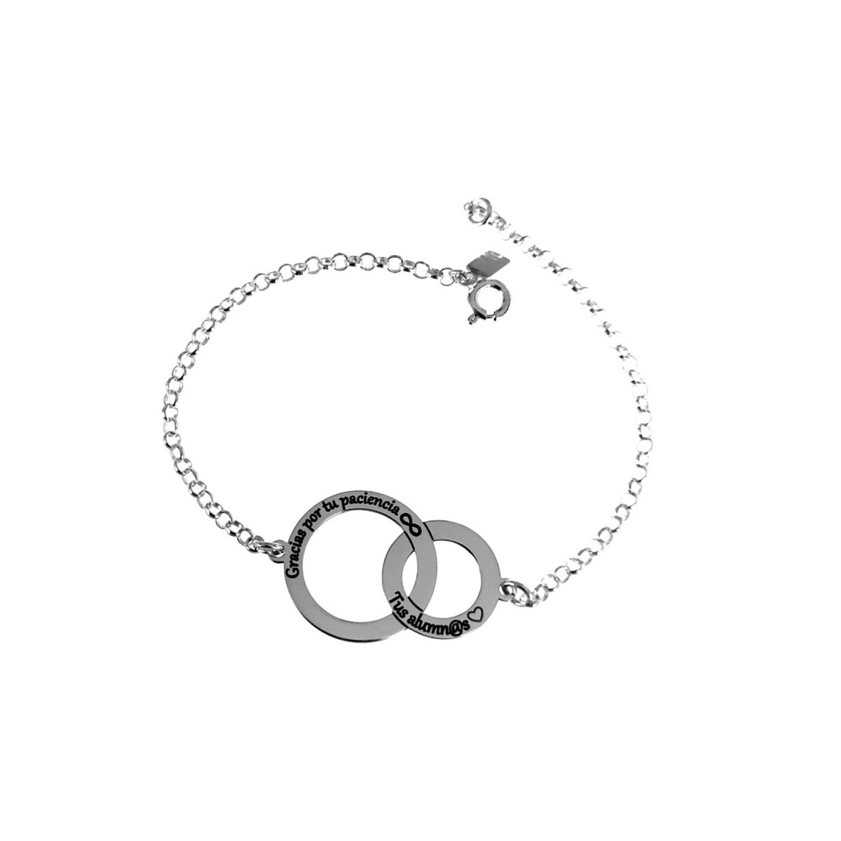 Pulsera plata Ley 925m cadena rolo 18.5cm círculos entrelazados GRACIAS POR TU PACIENCIA TUS ALUMNOS