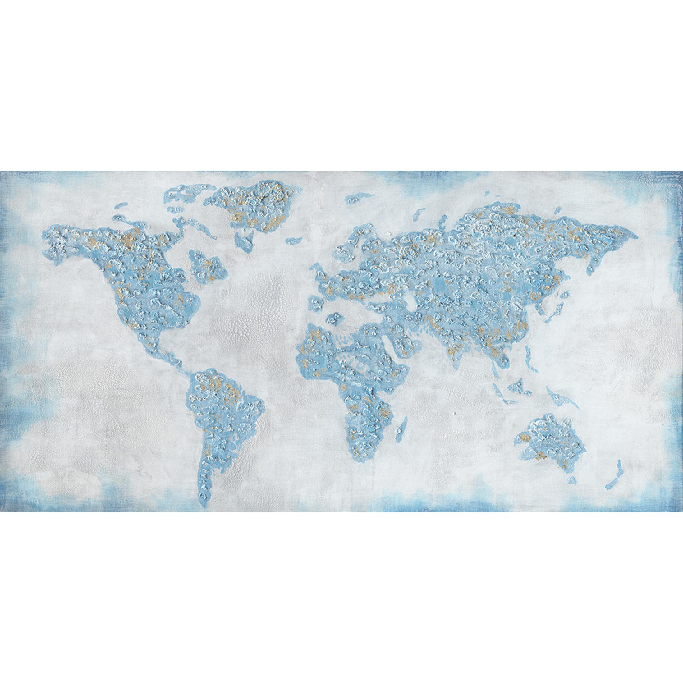 Hispanohogar Cuadro en Lienzo Pintado Al óleo Mapamundi Azul 70x140x3 Cm