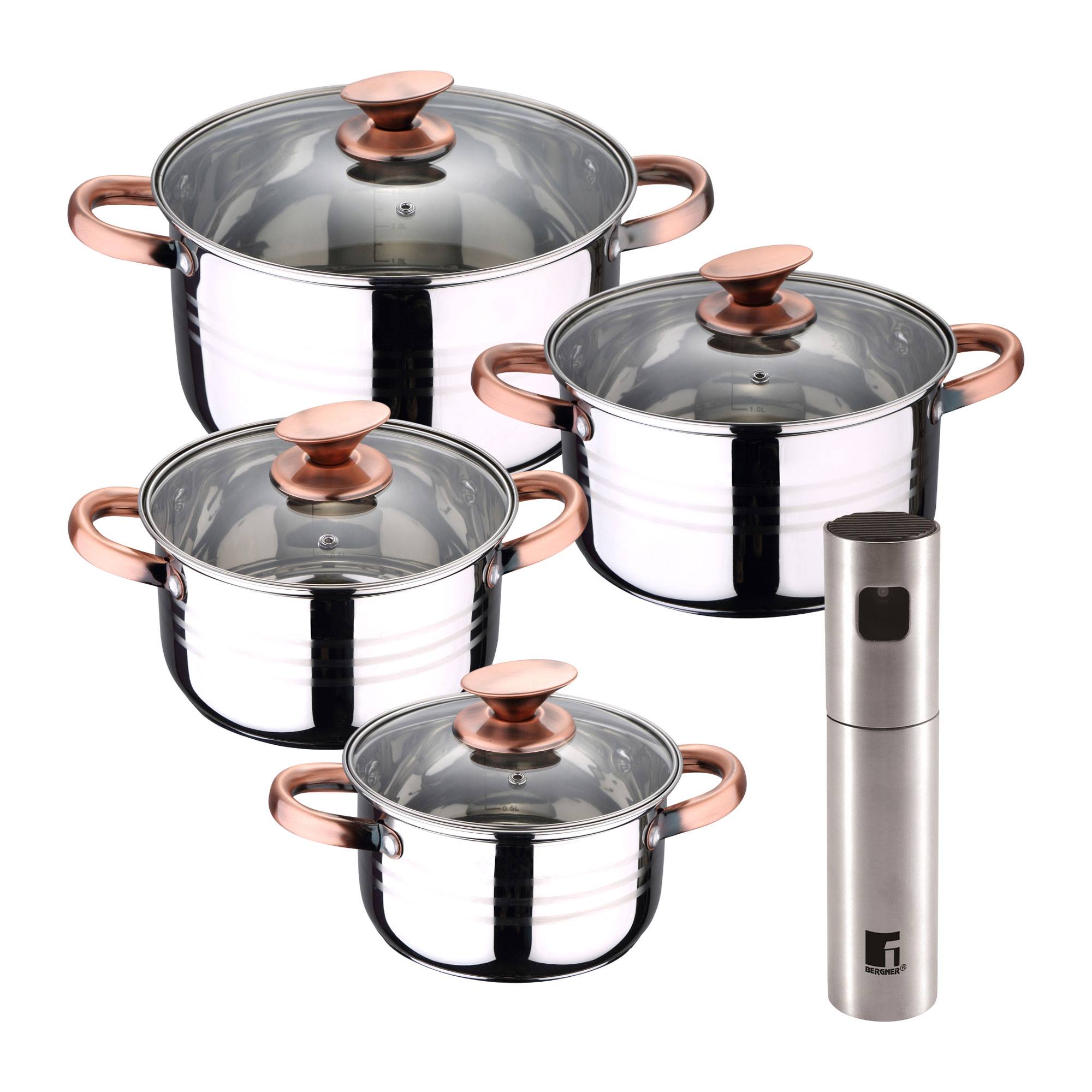 Bateria 8pc acero inoxidable apta para inducción Colección San Ignacio Premium +  Delantal de Cocina Gris oscuro 100% Algodón 75x80cm