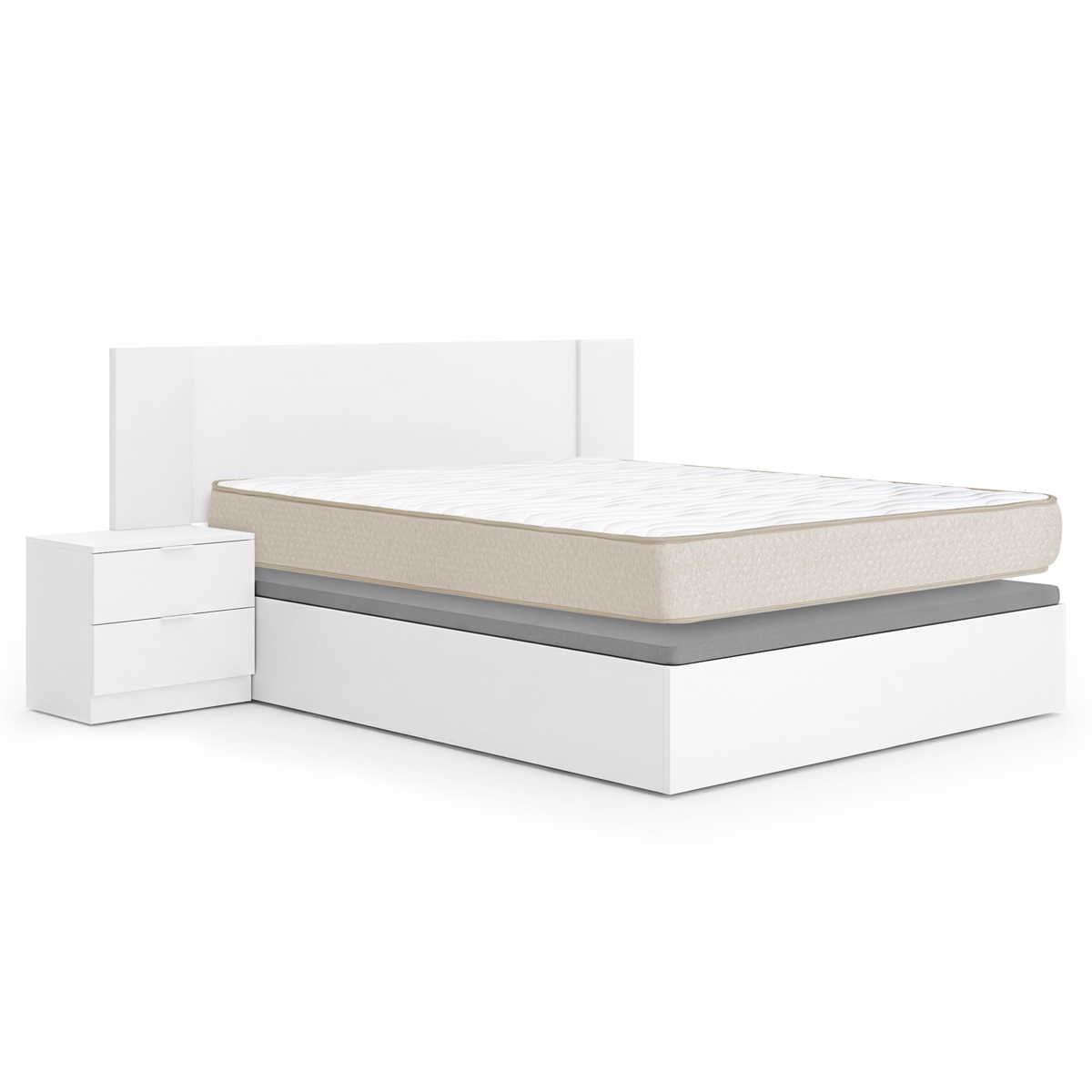 Pack ahorro matrimonio Cabecero con dos Mesitas Len, Canapé abatible con Colchón Nova plus 150 x 190 cm