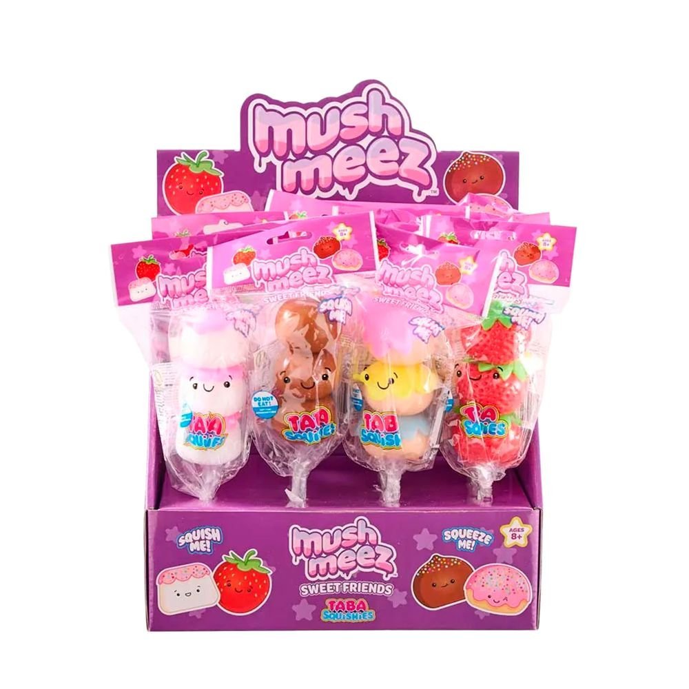 FAMOSA EXPOSITOR 12 SQUISHI MUSHMEEZ BROCHETA COMIDA CAJA:12 unidades  MUSHMEEZ 5x5x20 Cms.
