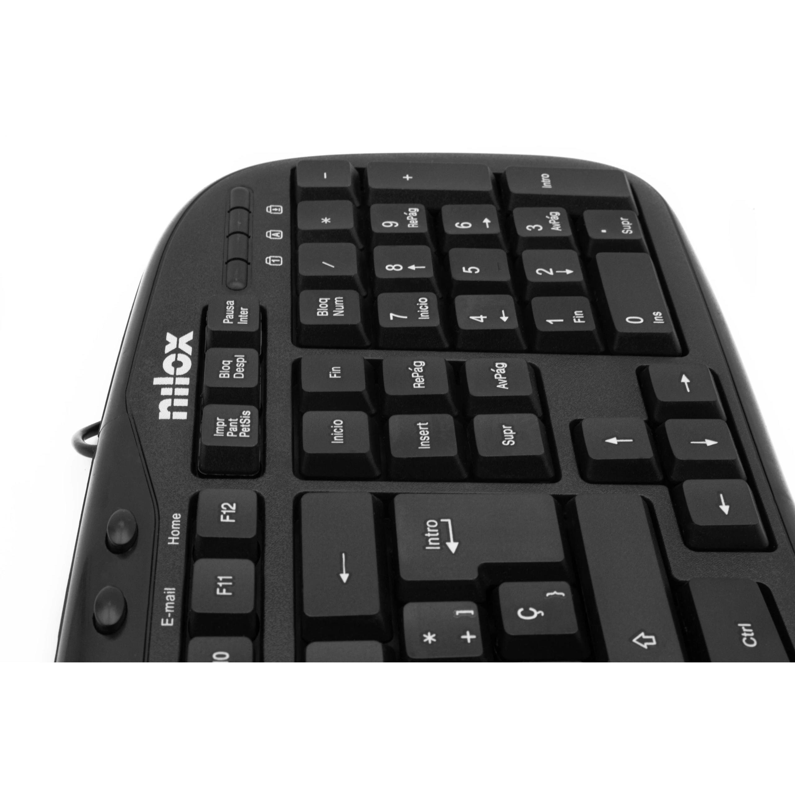 Nilox - Teclado multimedia NXKBE000001 USB con teclas multimedia programables, diseño QWERTY español con Ñ y conexión plug-and-play para oficina y hogar