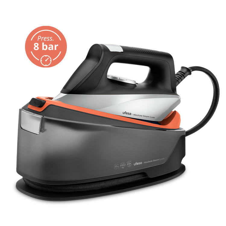 Ufesa - Centro de planchado Absolute Steam Luxe con 2400W y presión de bomba de 8 bares para planchado profesional en seco o con vapor, golpe de vapor 345g/min y depósito de 1.2L