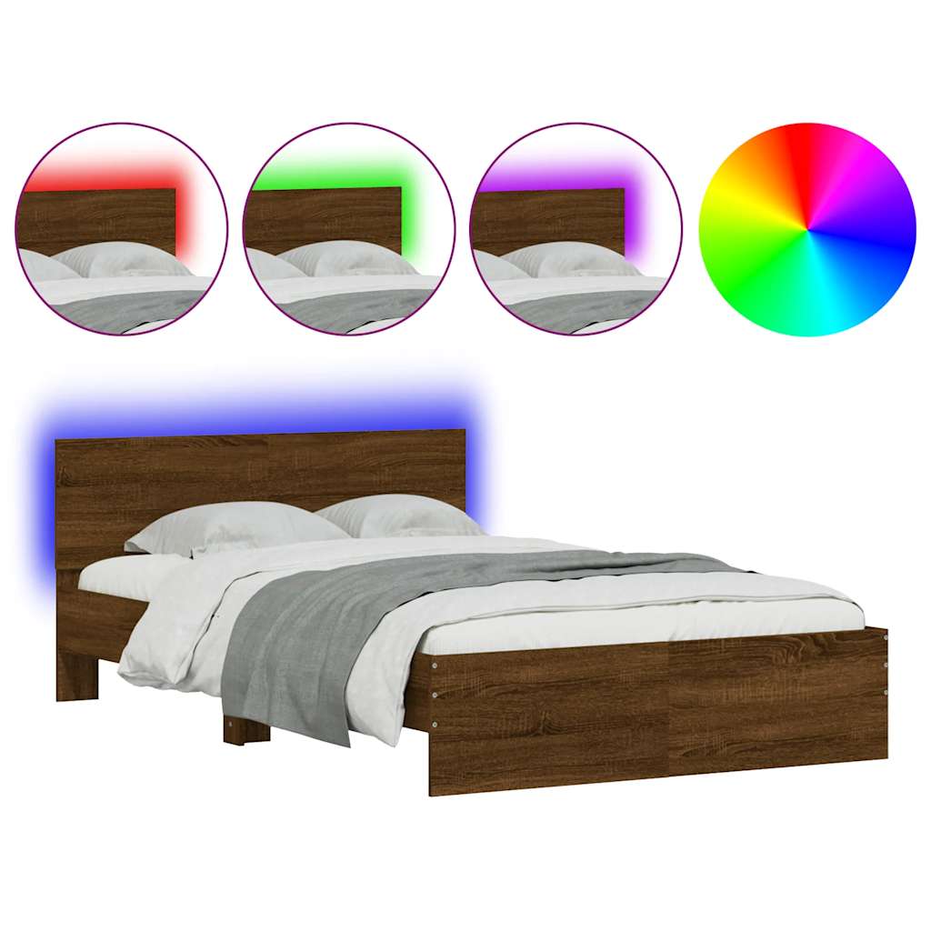 vidaXL Estructura de cama cabecero y luces LED marrón roble 140x190 cm