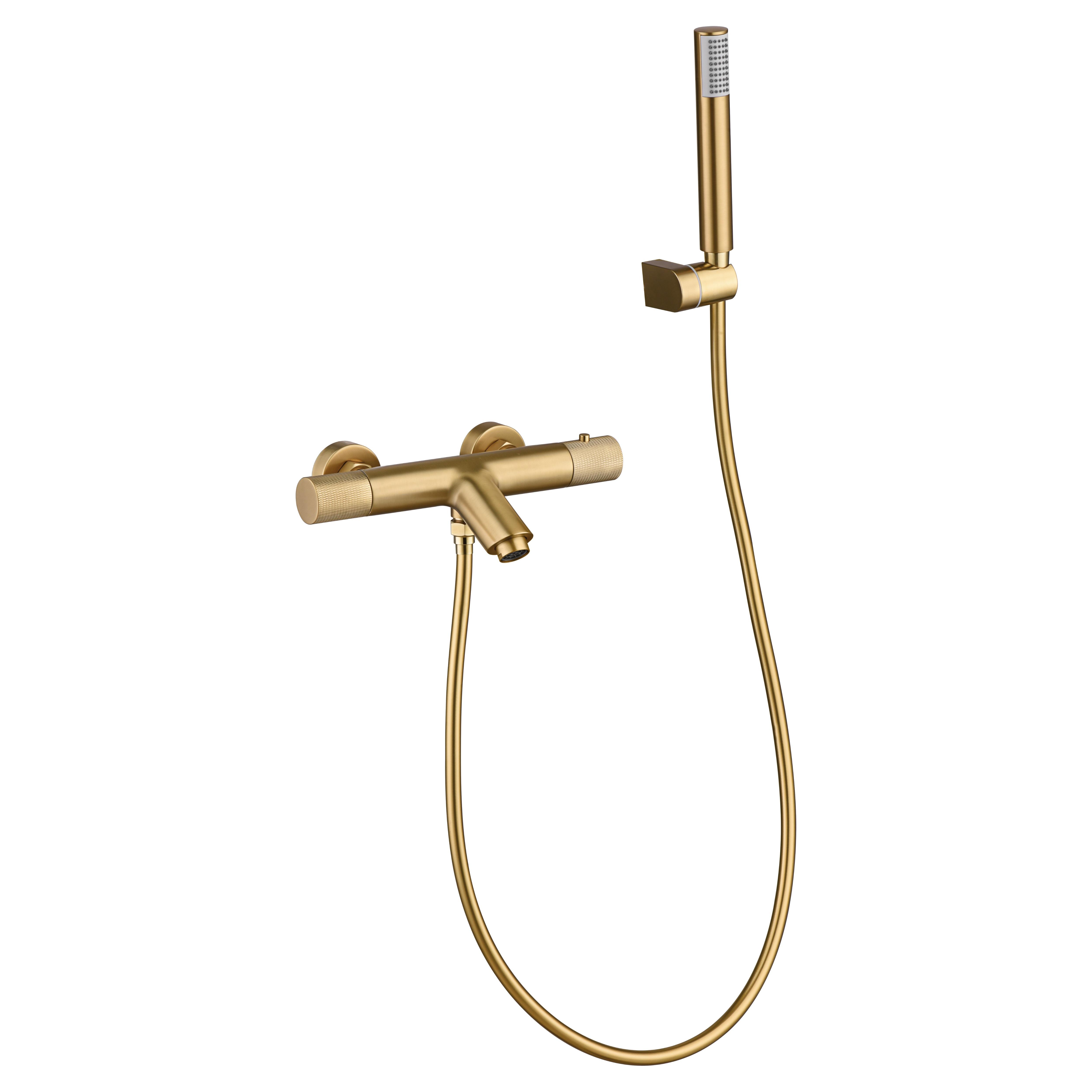 IMEX - Grifo Ducha Termostatico con Alcachofa y Flexo  Grifo de Bañera y Ducha con Soporte para Alcachofa  Grifería Ducha con Caudal de 12L/min  Serie Line  Color Oro Cepillado