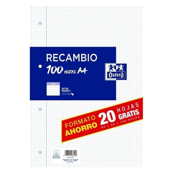 Oxford recambio formato a4 cuadriculado 4x4mm 4 taladros - 80 hojas + 20 gratis 90gr con margen
