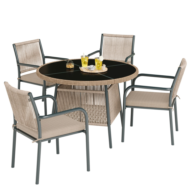 Salon de jardin gris 5 pièces avec table ronde en verre trempé et quatre fauteuils