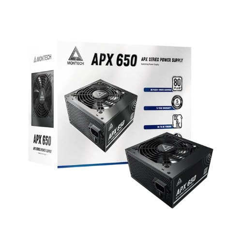 MONTECH APX 650W-Fuente de alimentación no modular, 80 Plus, tecnología de convertidor Intel ATX12V-CC a CC, diseño de cable plano para mejorar la eficiencia térmica, ventilador de 120 mm, garantía de