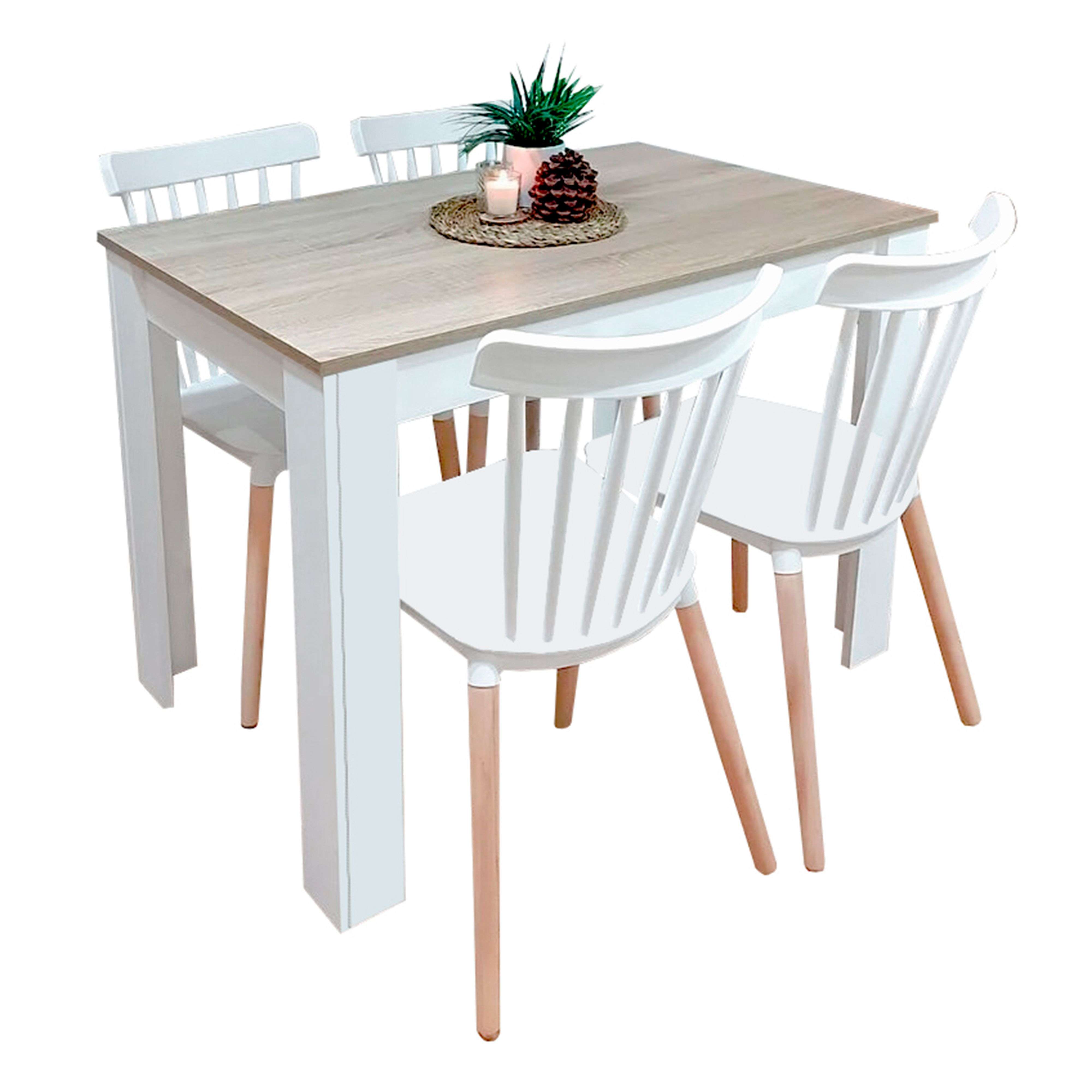 Miroytengo Conjunto de Mesa Fija + 4 sillas Alna en color blanco y roble canadian