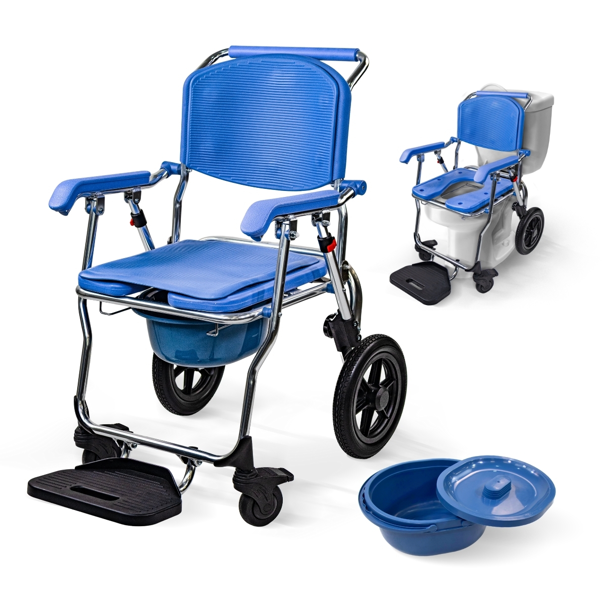 Silla de ruedas inodoro aluminio Mobiclinic ruedas 12"Plegable y compacto Reposapies amplio y comodo cubeta 6,5 litros Babor