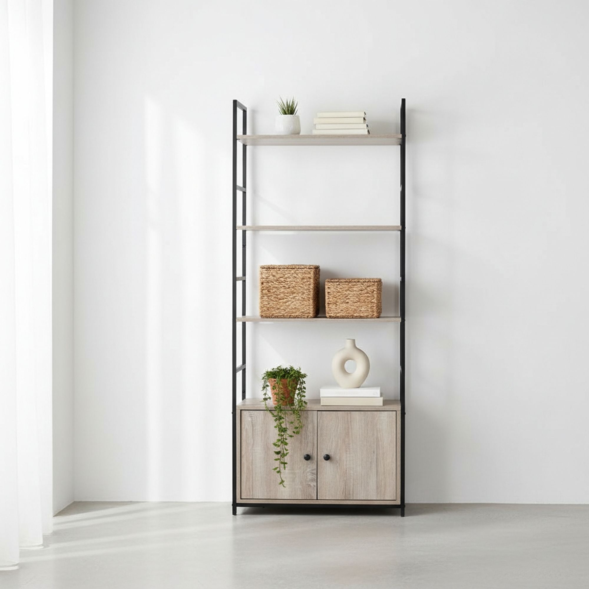 MOBLEKIT | Estantería Madera y Metal con 4 Baldas 60×30×63 cm, Estantería Almacenaje Cocina o Baño, Mueble Compacto para Libros y Decoración, Metálica Mate