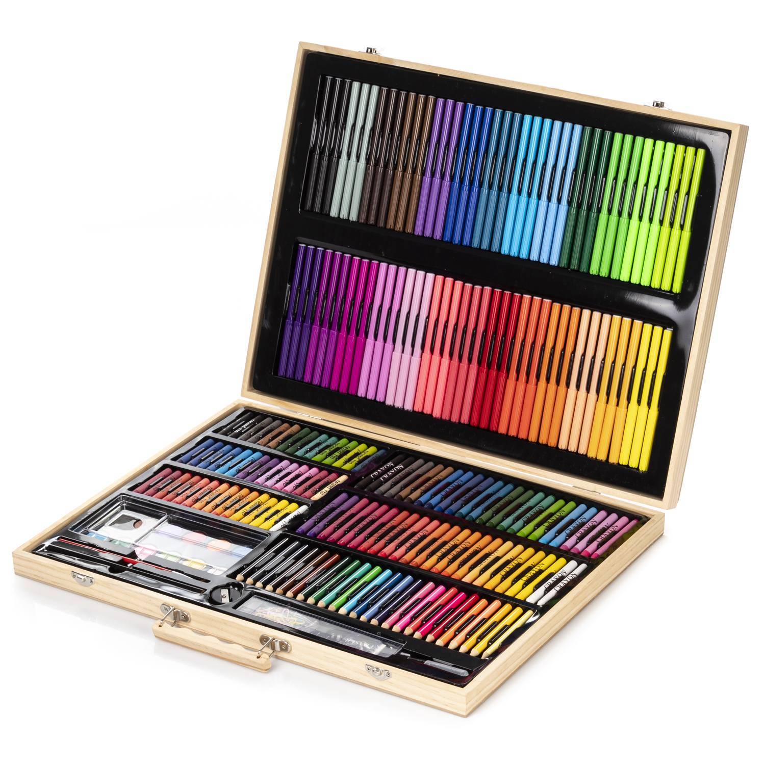 DAM Maletín madera  bellas artes completo de pintura y dibujo 180 piezas oleo,acuarelas, ceras,rotuladores, pastel y lapices con accesorios.  48x4,7x36,5 Cm. Color: Beige
