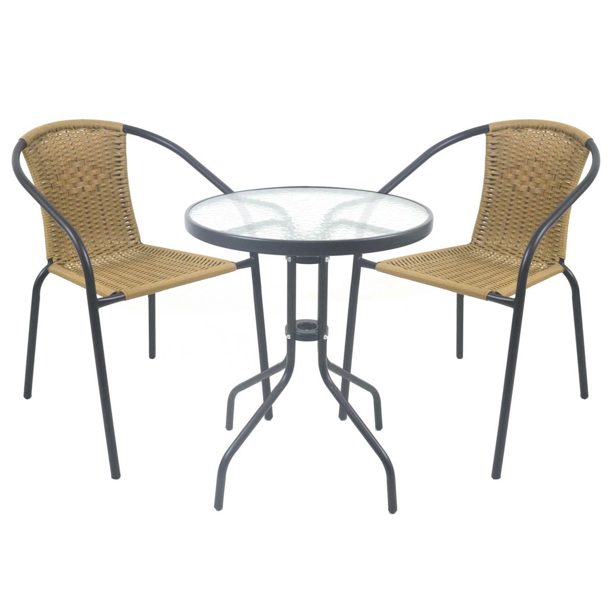 Mesa y 2 sillas apilables de jardín Trivia antracita de acero y cristal Lola Home