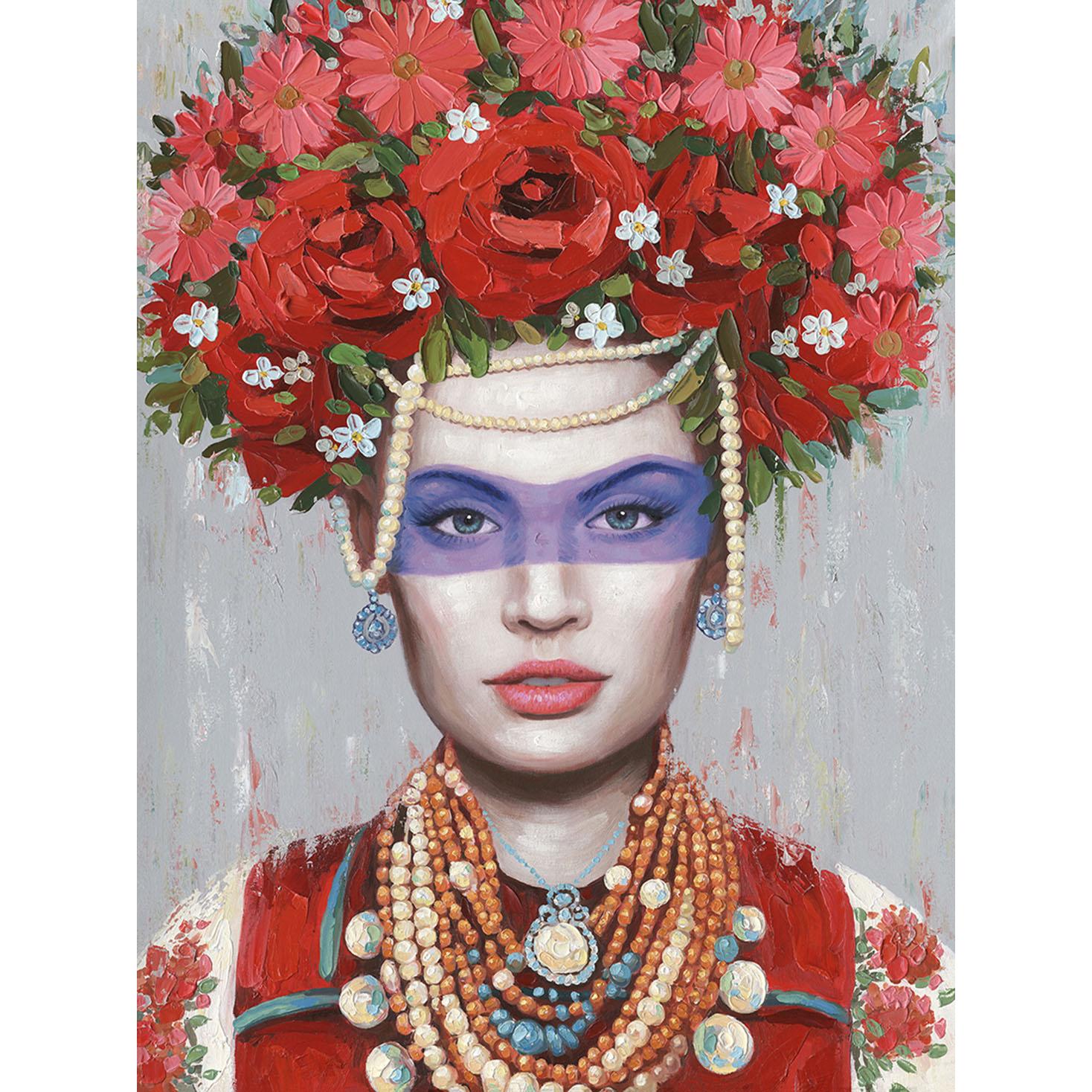 Hispanohogar Cuadro en Lienzo Pintado Al óleo Mujer Flores Máscara 70x100x3 Cm