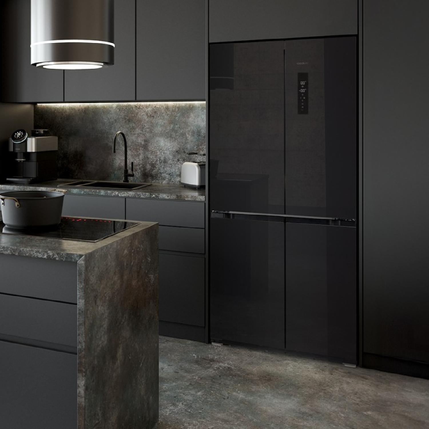 Cecotec Frigorífico 4 Puertas 436L Bolero CoolMarket 4D 436 Black Glass E. 183cm Alto y 83,6cm Ancho, Compresor Inverter Plus